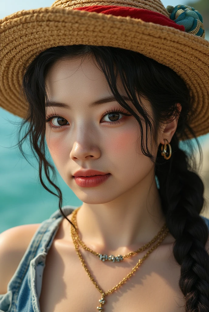 A realistic photo of Dahyun from Twice, reimagined as usopp from One Piece,