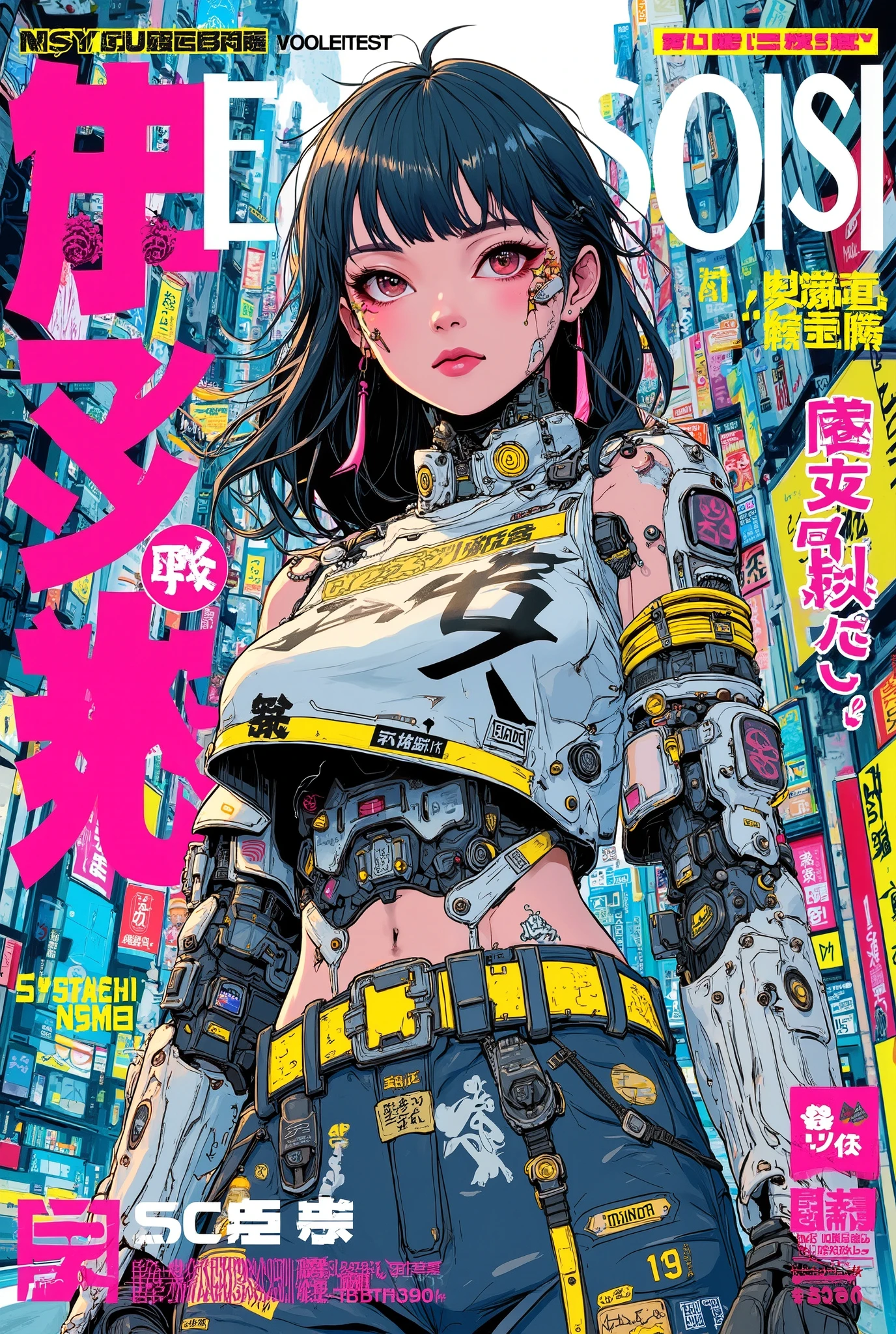 Vintage 90's anime style environmental wide shot of a chaotic arcade at night; a woman wearing streetwear; by Hajime Sorayama, Greg Tocchini, Virgil Finlay, sci-fi. line art. Environmental arcade art.