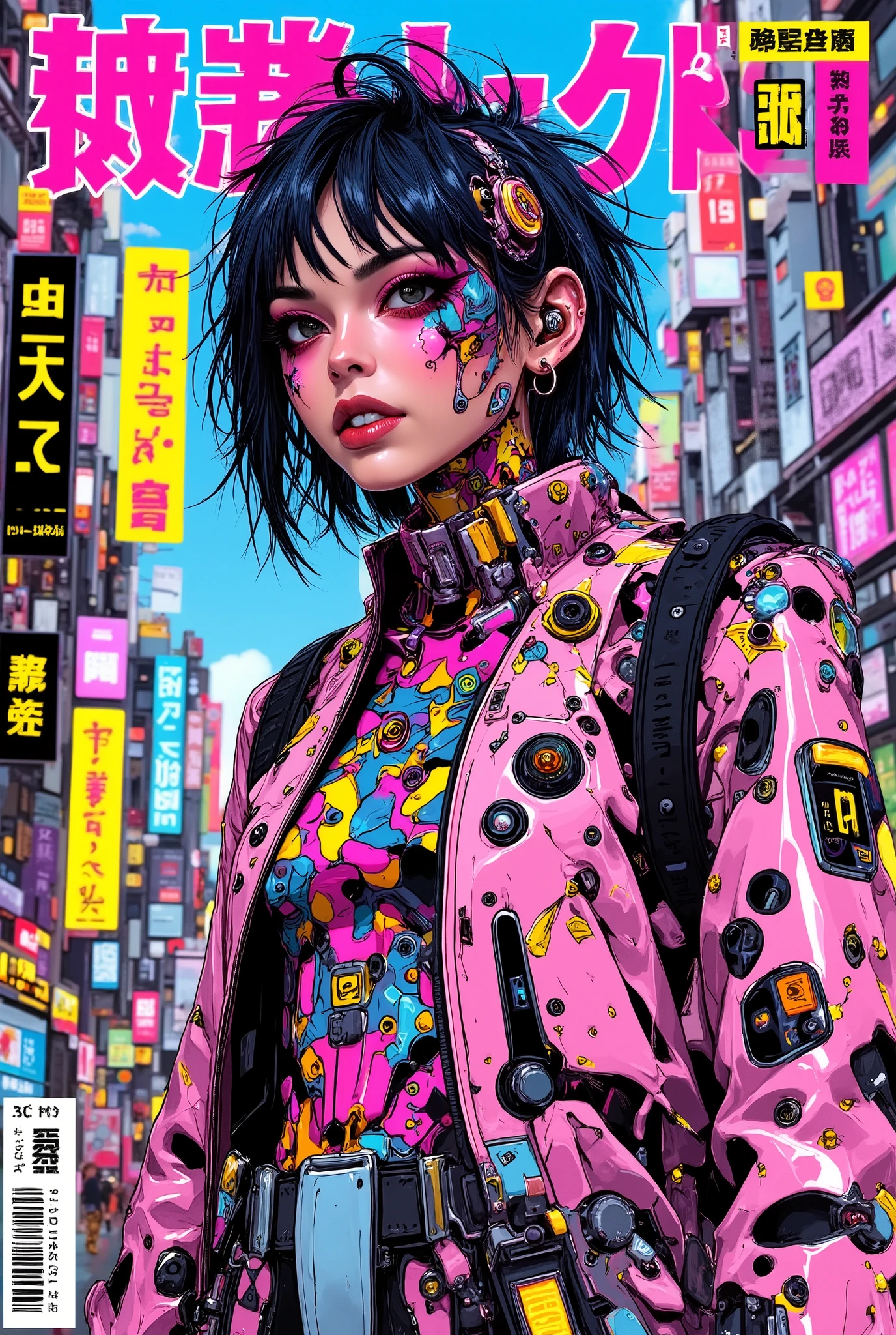 ((manga (((magazine cover))) illustration) of (beautiful cyberpunk girl wearing cyberpunk street style clothing))), cute smiling Japanese girl, (very detailed linework), ((katsuhiro otomo art style)), comic book colours, ((Japanese text)), barcode, (NSFW).