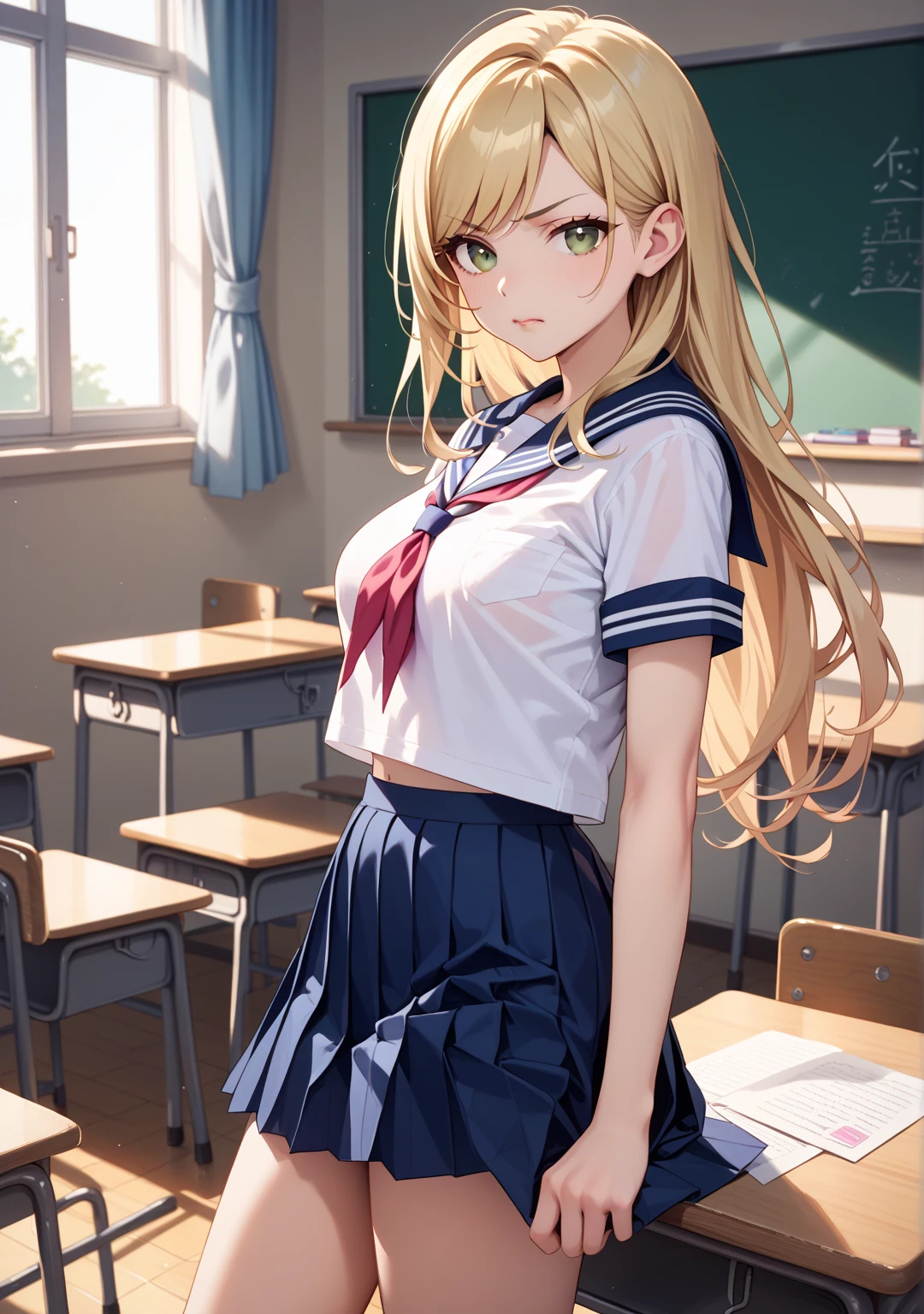 masterpiece, best quality, highly detailed, ultra high res, ayase arisa, kitagawa marin, 1girl, solo, hair ornament, flower in hair, blonde hair, glossy lips, full lips, choker, school shirt, pleated miniskirt, pink thigh highs, classroom, sitting