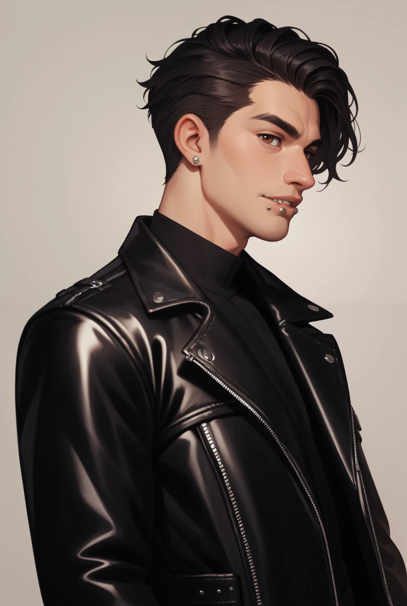 man, 30 years old,  black hair,  brown eyes, lip piercing,  leather jacket, portrait 