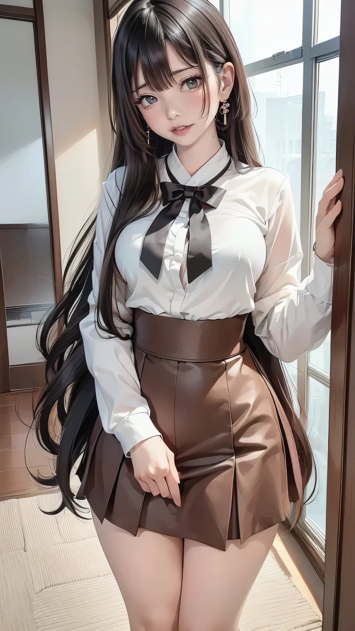 ((korean girl)), height 169 cm, (( black hair, long hair)), (beautiful lips), ( charming), (( neutral facial expression )), (( looking at the camera in first person)), ( beautiful detailed eyes ), ((eye color: large dark brown eyes)), (young female figure ), small breasts, thin beautiful waist, beautiful hips, (()), (( dressed in a school uniform )), ( stands seductively ), ( background: Japanese apartment ).