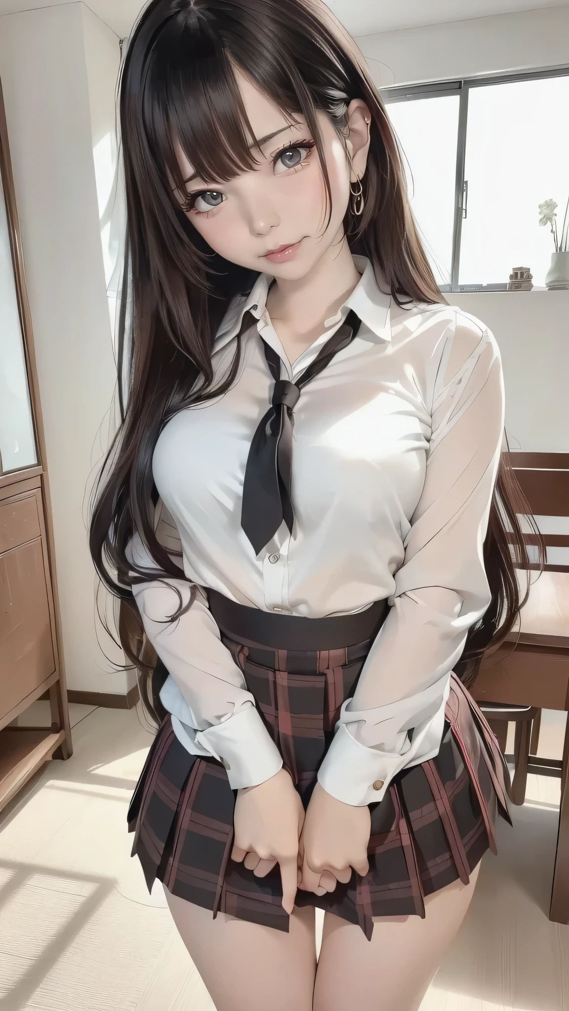 ((korean girl)), height 169 cm, (( black hair, long hair)), (beautiful lips), ( charming), (( neutral facial expression )), (( looking at the camera in first person)), ( beautiful detailed eyes ), ((eye color: large dark brown eyes)), (young female figure ), small breasts, thin beautiful waist, beautiful hips, (()), (( dressed in a school uniform )), ( stands seductively ), ( background: Japanese apartment ).