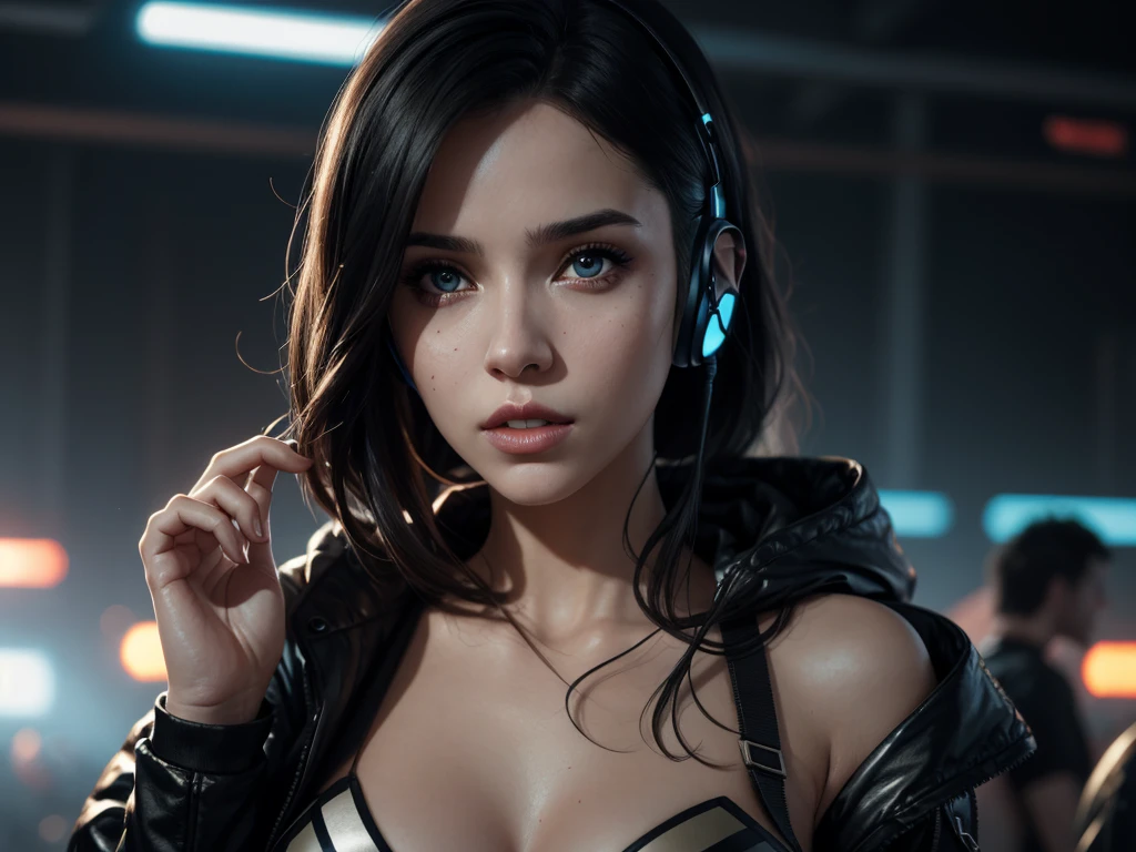 long straight dark brown haired gamer girl leaning into the camera, three-quarter headshot:1.2, lean body, fit body, photo from front above, dark red hoodie:1.2, straight hair, large leather gamer headphones:1.2, skintight black top:1.2, looking at viewer, realistic, 4k, cinematic lighting, perfect, soft lights, intricate details:1.2, high resolution skin:1.2, realistic skin texture, realistic face, perfect anatomy, lean girl, fit girl, sfw:1.2, jumper:1.2, hoodie:1.2, headphones:1.2