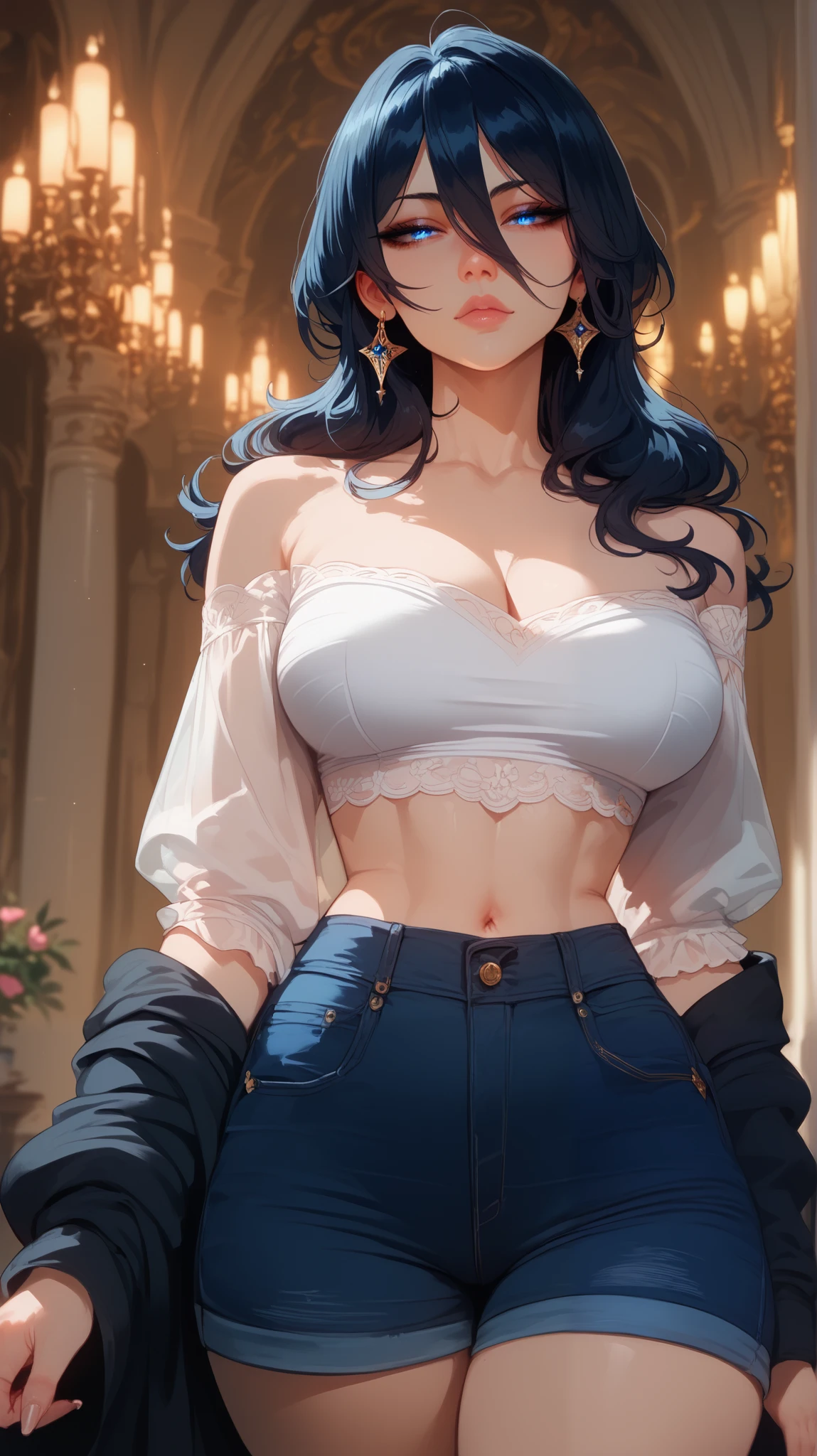 Rukia Kuchiki style, perfect eyes, perfectly sexy face, ultra detailed, ultra perfect eyes , big beautiful woman , standing, dark blue shorts, Body, looking at the spectator,