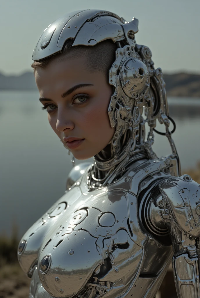 beautiful cyborg woman degenerative future, Whole body, destroyed environment, super realistic image, full details