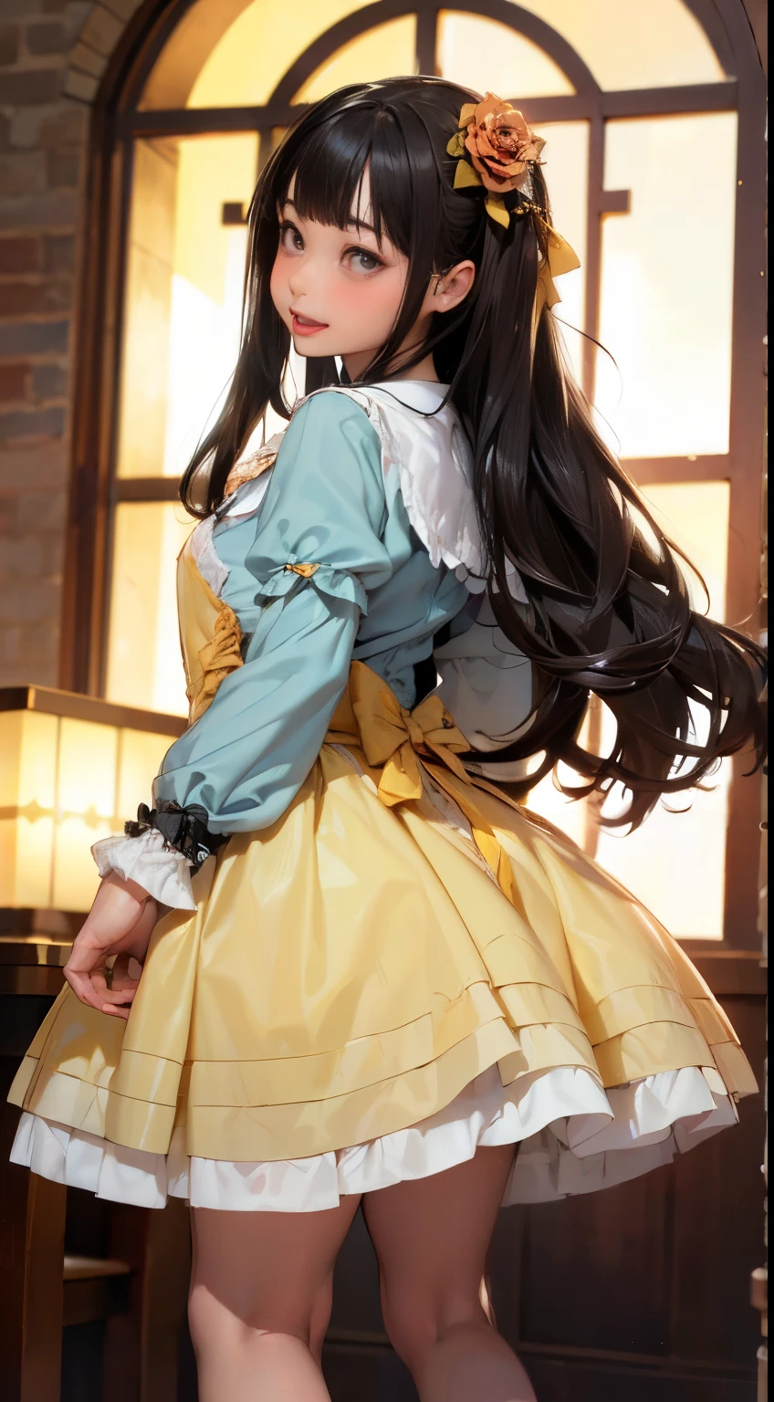 (masterpiece:1.2),8k, beautiful, high quality, ((Amazing Artwork:1.5)),
((Flexible and sexy posture:1.5)),
(gothic lolita:1.6),((ruffle,decoration rose yellow dress:1.8)), (flower hair ribbon),thighhighs,
Cute girl, ((White skin:1.6)), (ahe face:1.8), ((Slim girl:1.5)), (:1.5), (( girl:1.5)),
pov,(naughty:1.7),(slut:1.8),
(On a dirty torture chamber:1.5), moody lighting, prison,
full body shot,