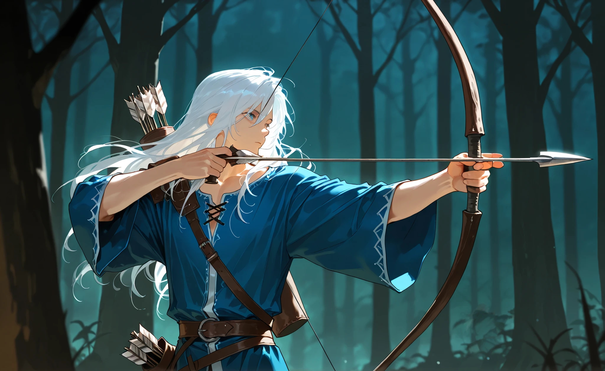 best quality, masterpiece,highest resolution,dark forest background, 1male, white hair, long hair, blue robe, solo,fantasy, quiver, bow, aiming,
