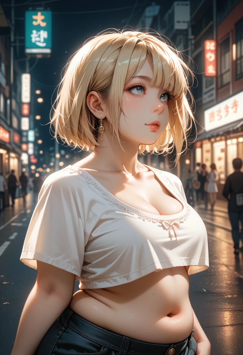Masterpiece, high quality, blurry background, hd, 4k,(dark night:1.5),luminernd, (large breasts), outdoors, standing, blush, looking at viewer, upper body, (dynamic poses, dynamic angle), (casual style:1.5) , cleavage