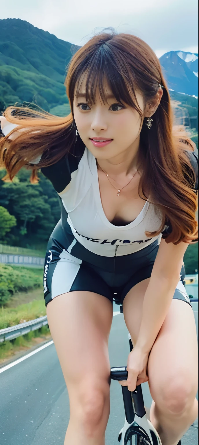 (((perfect anatomy))),(((A beautiful race queen in her 20s who cheers up the team with her big smile at the starting point of the crowded Suzuka Circuit, attracting the crowd.))),Wearing a flashy one-piece high-neck, front-zip, high-leg swimsuit with a sponsor's logo covered in glittering green glitter sequins and stiletto heels, she looks over her shoulder at the camera next to a large motorcycle.,(((Ulsan-6500))),(((Beautiful background bokeh with deep depth of field created by Hasselblad))),Sexy cinched waist and upward hips,masterpiece,highest quality,ultra high resolution,High detailed full body portrait,tall nose and beautiful face,Stiletto heels look great on model-like limbs,The fair-skinned nape of the neck is dazzling,(((Her slender waist and slender hips are a beauty that captivates viewers.))),Pose with one hand on the motorcycle tank and a parasol,((Full body photo taken from a low front position)),cute 20 year old,Beautiful, lustrous chestnut-colored long hair waving,(Her proud F cup breasts shine),long eyelashes and large eyes,,Clear double eyelids,((Glossy thick lips)),perfect anatomy,