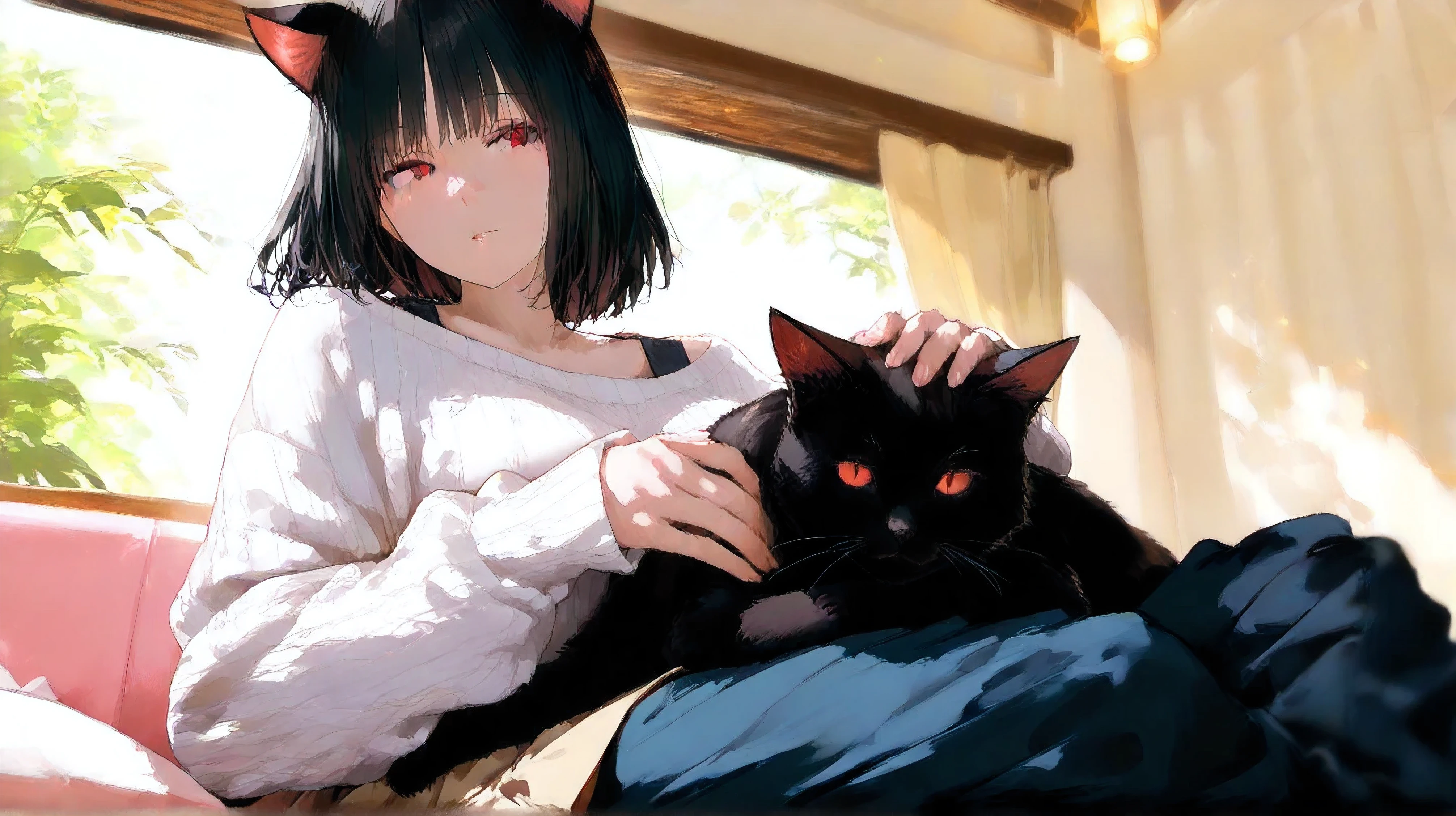 cat ears, black hair,red eyes,Female character, anime style, Japanese casual fashion, half-body shot, soft expression, peaceful and serene mood, relaxed posture, comfortable outfit (light sweater, loose pants, or skirt), gentle smile, natural hair (long or medium length, slightly wavy), black cat sitting on her lap or nearby, calm background with soft pastel colors (light blue, soft pink, pale yellow), subtle details of wind flowing, warm sunlight, harmonious atmosphere, feeling of , hope, and tranquility, soft shading and delicate features, clear eyes with a hint of wonder, natural setting (perhaps a park or balcony).
highly detailed, cinematic lighting, hyper-realistic textures, sharp details, 8K resolution, smooth gradients, soft but dynamic shading, realistic cloth folds, intricate fur texture on the black cat, glowing light effects, depth of field for background blur, vibrant colors, realistic skin tone, soft lighting, balanced composition, harmonious color palette.