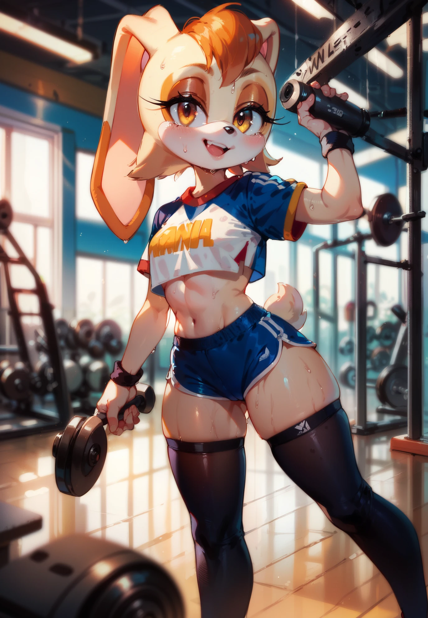 4k, perfect quality, 1girl, solo, Vanilla the Rabbit, Sonic, sweat, crop top, shorts, thigh highs, alluring smile, standing with legs spread out, gym storage room,