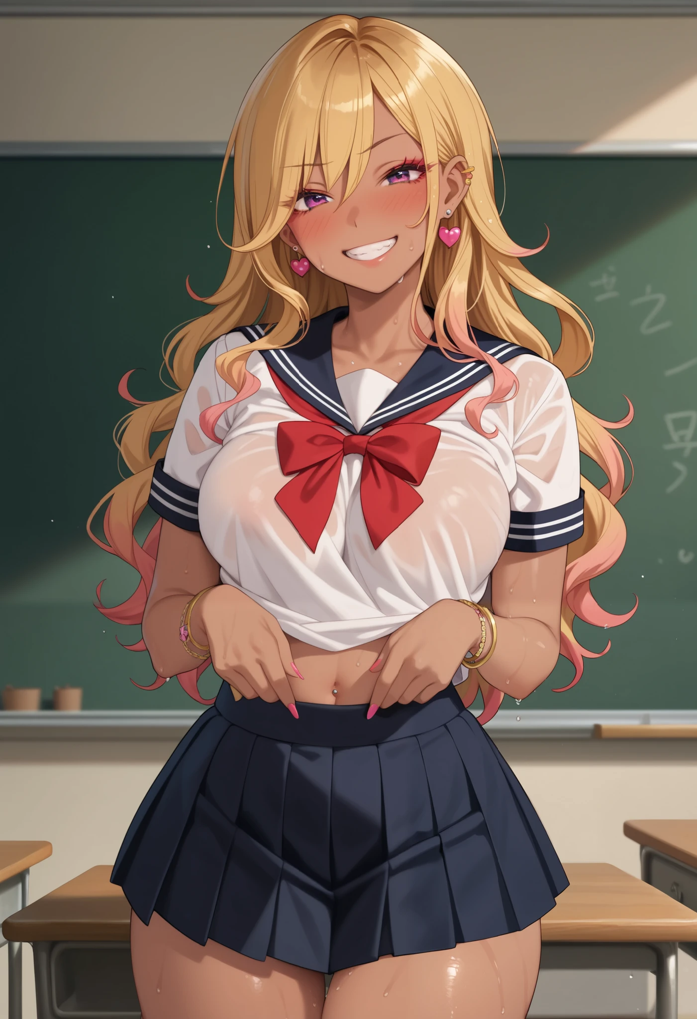 (score_9, score_8_up, score_7_up, score_6_up), anime, high res image, Beautiful girl with slim body, (masterpiece, detailed:1.2), (1gyaru girl:1.5), (blonde hair, long wavy hair, bangs), (earrings, ear piercings), (dynamic poses), looking at viewer, (blushing red, aroused, smile), (purple eyes, detail eyes), Beautiful eyes, (big perky :1.2), (thick , thick thighs), (beautiful detailed face, beautiful detailed eyes), ((sailor fuku uniform, red ribbon, blue plated skirt)), (glistening sweat), classroom, ((cowboy shot:1.3)), , wet skin, very sweaty, very wet skin, lustrous skin,  skin,  skin, sweat drop on skin, steaming body