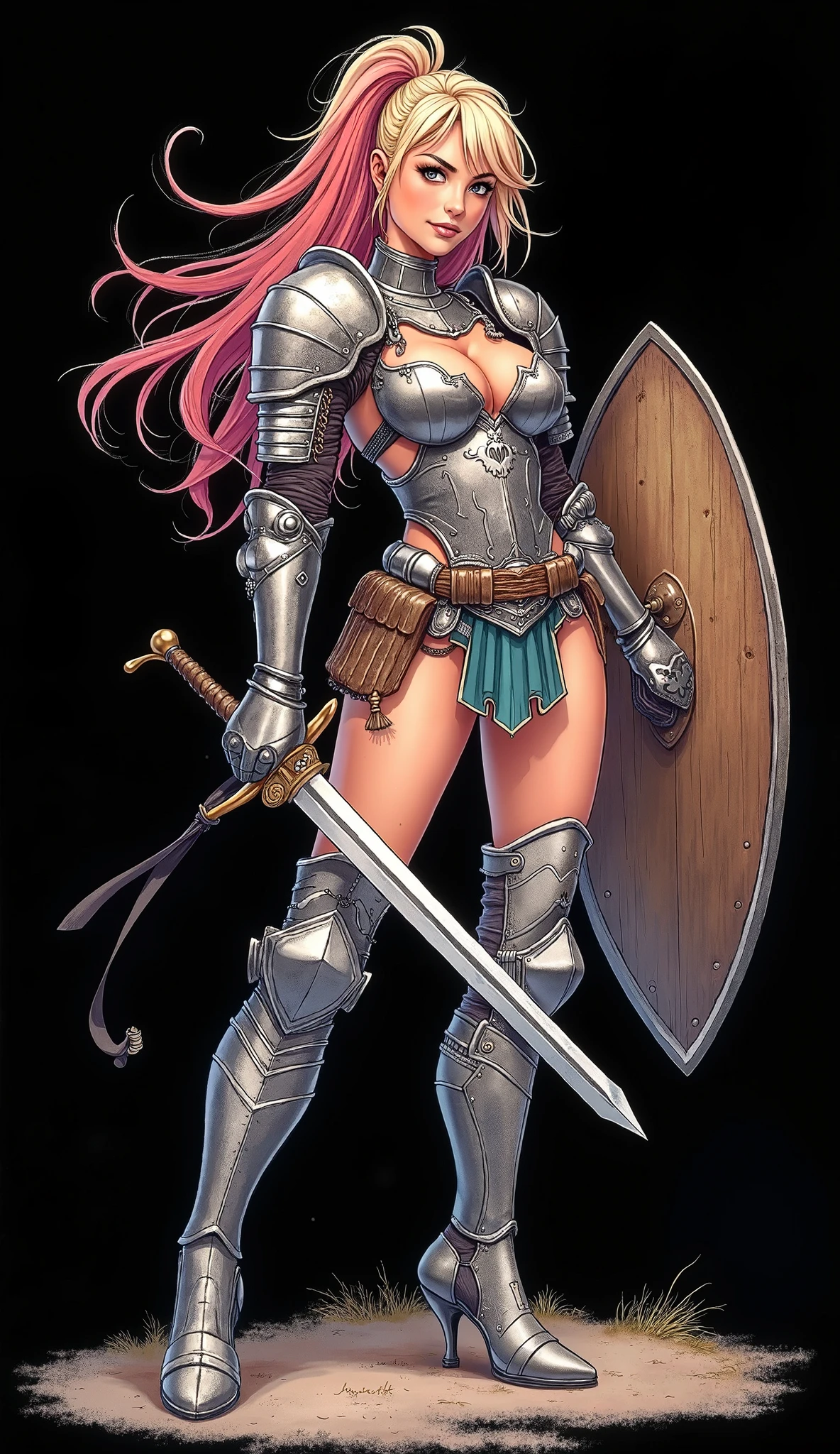Armor, Woman, Viking style, with closed helmet, with pink visor, with a small antenna on both sides of the helmet, that the suit under the armor is blue, that the helmet mask is in the shape of a female face, with shoulder pads hexagonal, with white forearms, That the color of the entire armor is WHITE, with white knee pads on the armor, That the shoulder pads have a rose quartz crystal, sexy body, with concentration of details in the armor, With wings on the back, that the armor highlights the breasts, good front angle, good lighting, that the armor is under the moon, with a shield on his left arm, with a sword in his right hand, that the sword is beautiful and highlights the metal, that foot.
