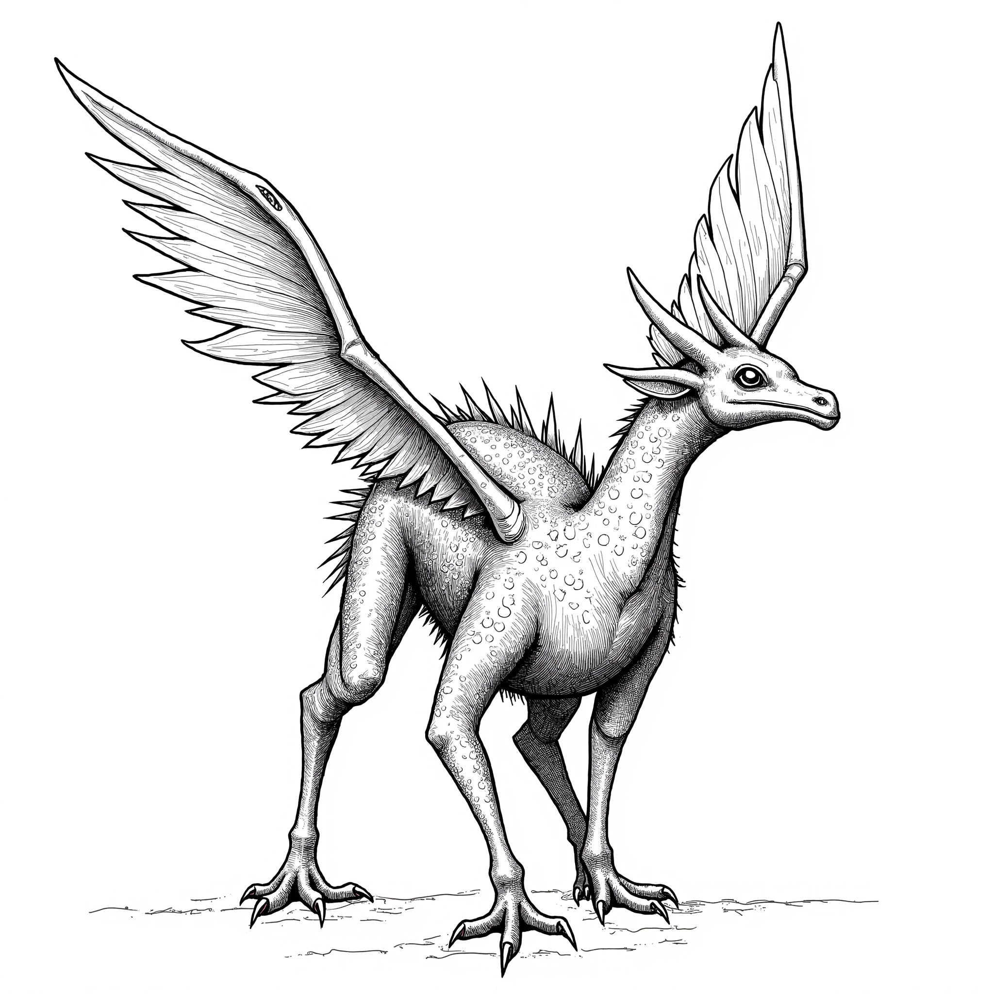DonM0n3L1n3XL one line drawing, score_9, score_8_up, score_7_up, score_6_up, a undulating ethereal electricity quadrupedal Wyvern, feathers skin, mane, bird-like head, serrated horns finned tails, , rating_safe <lora:DonM0n3L1n3XL-pony:1>
