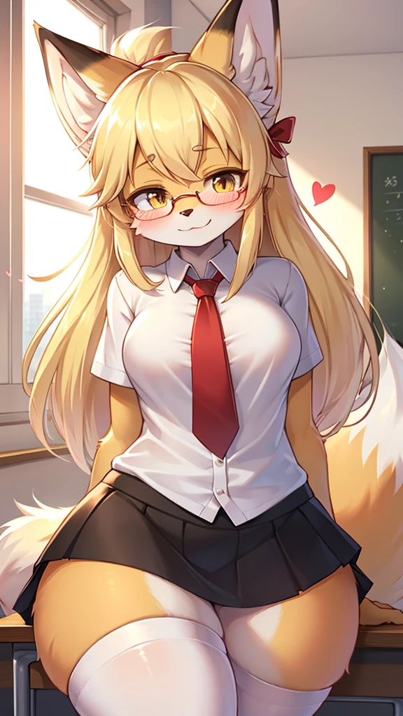 (fluffy anthro fur:1.8), female , white_fox , japanese_school_uniform , red_glasses , nine_tails , smirk