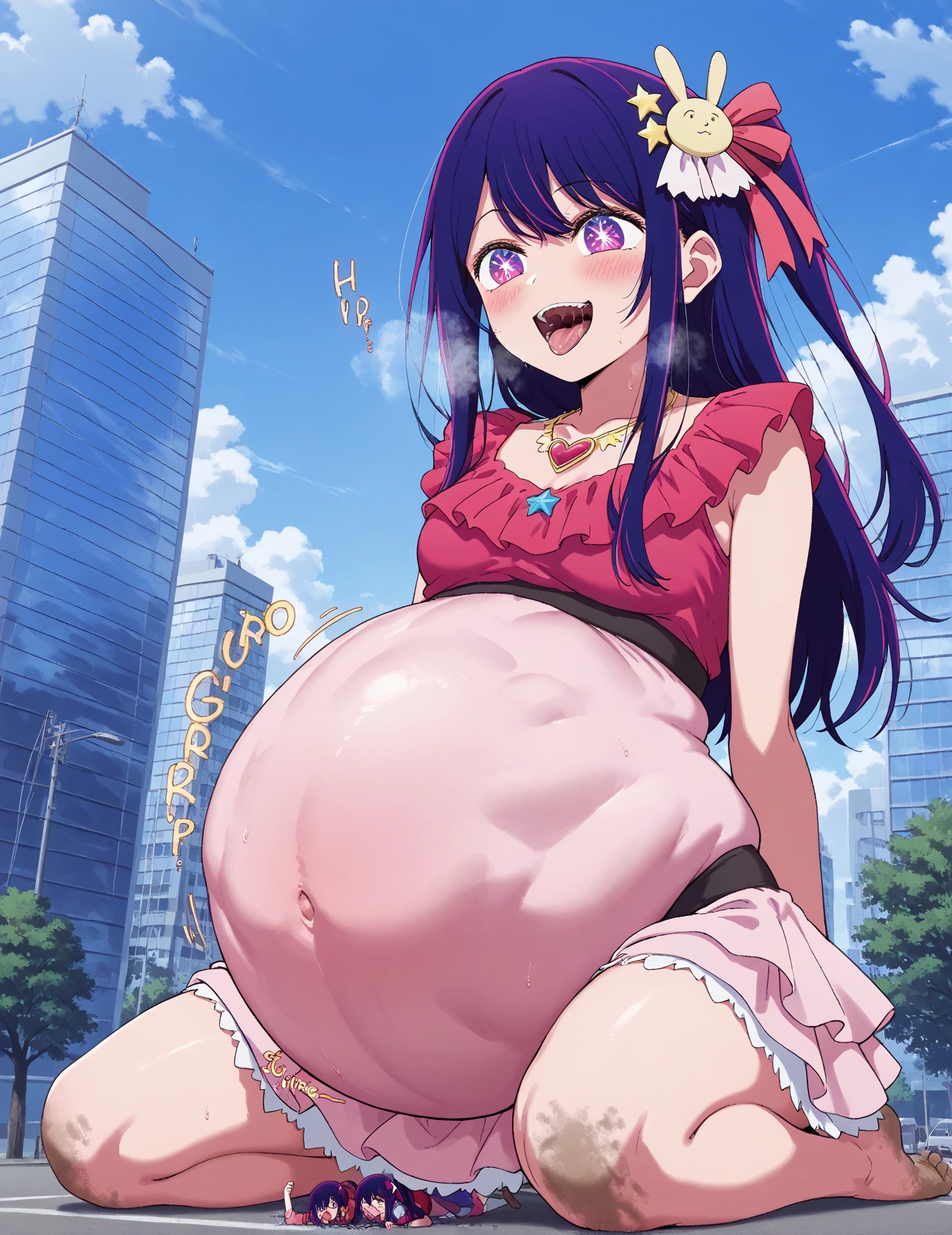 Giant maiden，Moe two-dimensional style，Pregnancy status，Round belly，Gaze at the bustling city，Lying on the market。