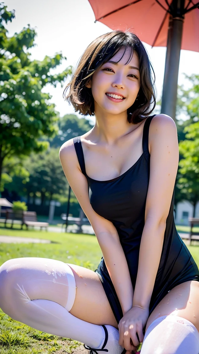 (8k, highest quality, masterpiece: 1.2), Super detailed, highest quality, Ultra-high resolution, Professional Lighting, Photon Mapping, Radio City, Physically Based Rendering, Cinema Lighting, Depth of written boundary, focus on, Light of the sun, Good composition, (Bokeh: 1.2), 1 girl, (whole body), smile, Beautiful Eyes, Pause, Brown Hair, short hair, coastal, skirt, Tank top, Sitting on a bench,Leg spread,White panties,Beautiful legs,