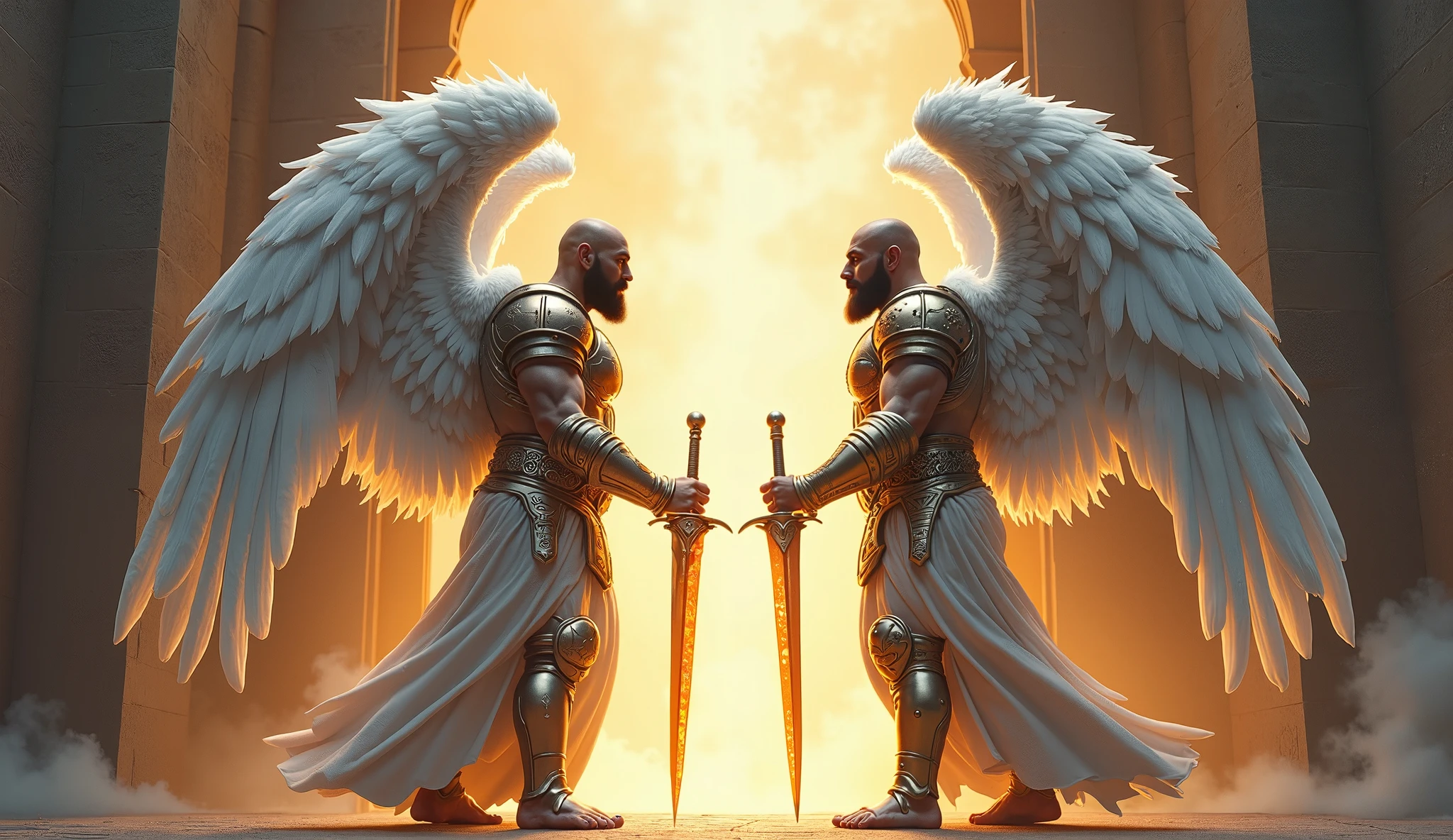 a muscular man in black armor with bandages, facing the viewer, with manly features, scars and wounds, smooth skin, sharp focus, illustration, guts (berserk), dark angel wings, cinematic lighting, dramatic pose, hyper detailed, oil painting, photorealistic, chiaroscuro, muted colors, moody atmosphere