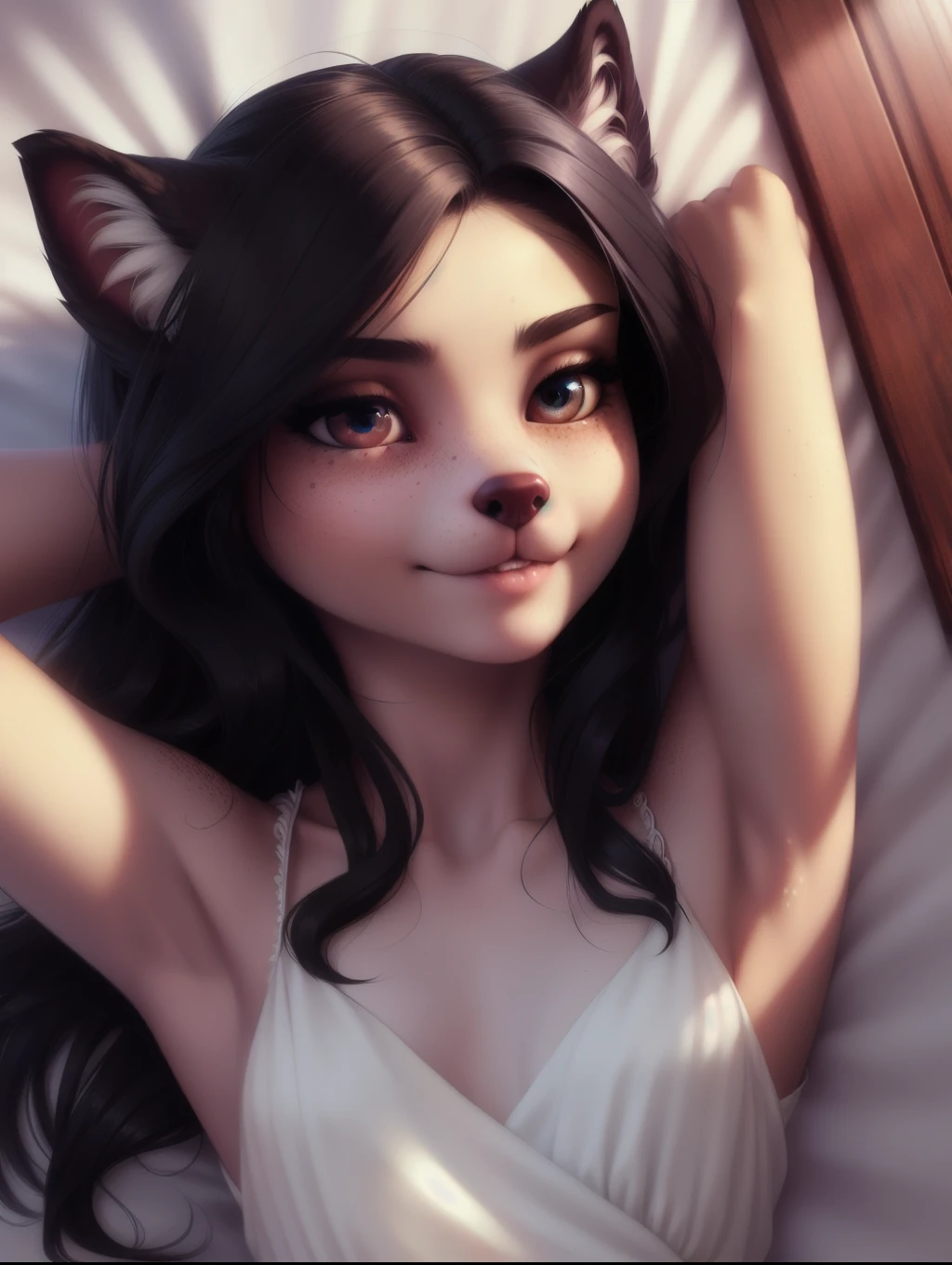 (source_e621), A beautiful and detailed (sweet portrait), ((anthro domistic dog)), anatomically correct, Schlank, small breasts, Hochgeladen E621, detailed flauschige fur, (von Fluff-Kevlar, Bayard Wu, personalami, Pino Daeni), 1girl, ((cute black top)), adorable , facing viewer, bed, missionary position, 1girl, realistic, ultra sharp image, view from above, (solo), first person view, masterpiece, lying on her back, (lips), teeth, perfect eyes, bellybutton, absurd resolution, teenager, beautiful hair, dark hair, rounded fluffy ears, so in love, 
