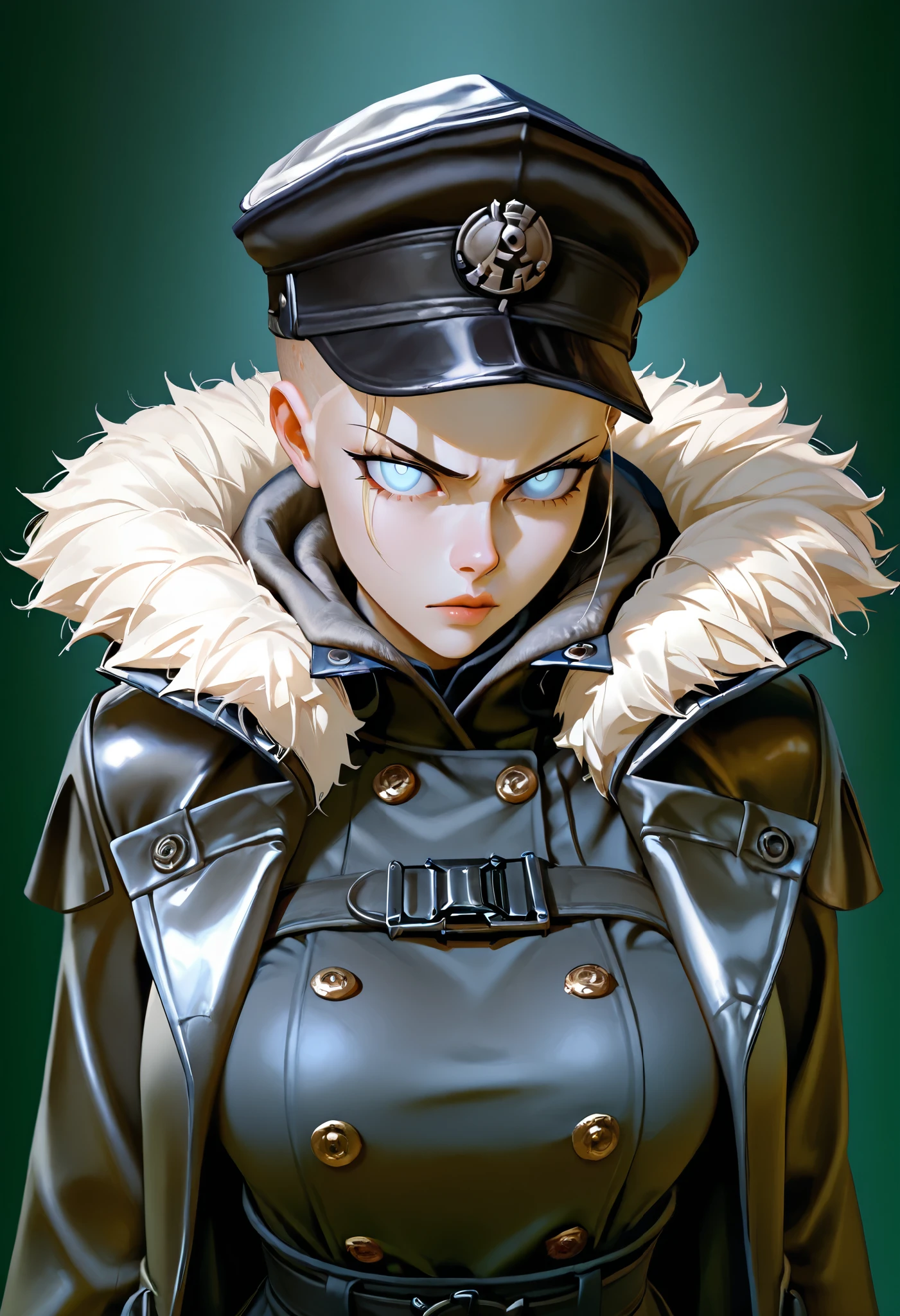 1girl, (testgirl), blonde fringe,small empty forehead, (shaved head), light blue eyes,leaning into the viewer's, ((a stern face)), ((shadowed eyes)) , stern gaze, beautiful eyes, (black raincoat),short gray fur collar, (black cap) , masterpiece, best quality, amazing quality, contrast, (upper body waist-length)