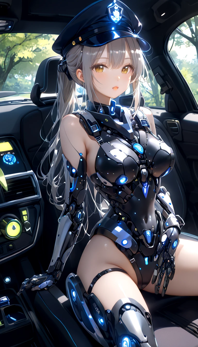 Super Detail, High Detail, high quality, best quality, High resolution,Beautiful female robot,beautiful clear face(Rain waves_haneame:1.5), Mechanical body(Perfect body curve),Mechanical body structure,Full body tights(high-tech style),Streamlined mechanical armor (Relatively thick,Highlight breast curves),Technology Antenna Hair Accessories,Sexy big , Mechanically constructed breasts,