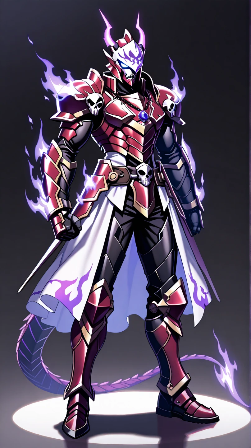 score_9, score_8_up, score_7_up, source_anime, rating_safe, , (realistic: 0.6), front visor, , 1 male, alone, male spotlight, issei_Hyoudou, powered up equipment, dark red armor, armor with lines, white paint, paint on armor, skull painted on helmet, armor made of darkness, dull, no reflection, violet gems, details of darkness, full armor, sturdy body, long body, long legs, long limbs, very long arms, dragon-shaped helmet, fire horns, pale violet fire, horns, chinese dragon, asymmetrical, expressionless, costume, necklace, with violet red, armor, gray background, asymmetrical, costume, necklace, pendant, armor, full body