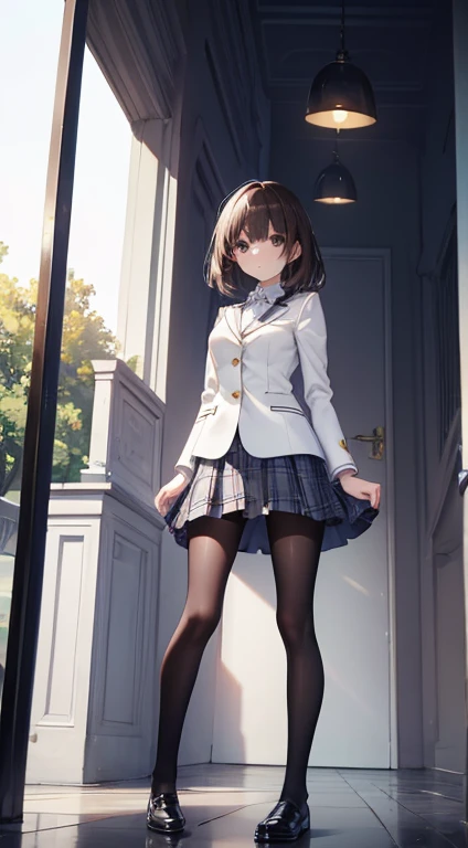 absurdres, RAW photo, extremely delicate and beautiful, masterpiece, Best Quality, ultra high resolution, 32k, hyperrealistic, ultra-detailed, in her 20s, delicate facial features, tearful mole, earring, medium breasts, full body shot, shorter middle hair, black hair, school_uniform, blazer,