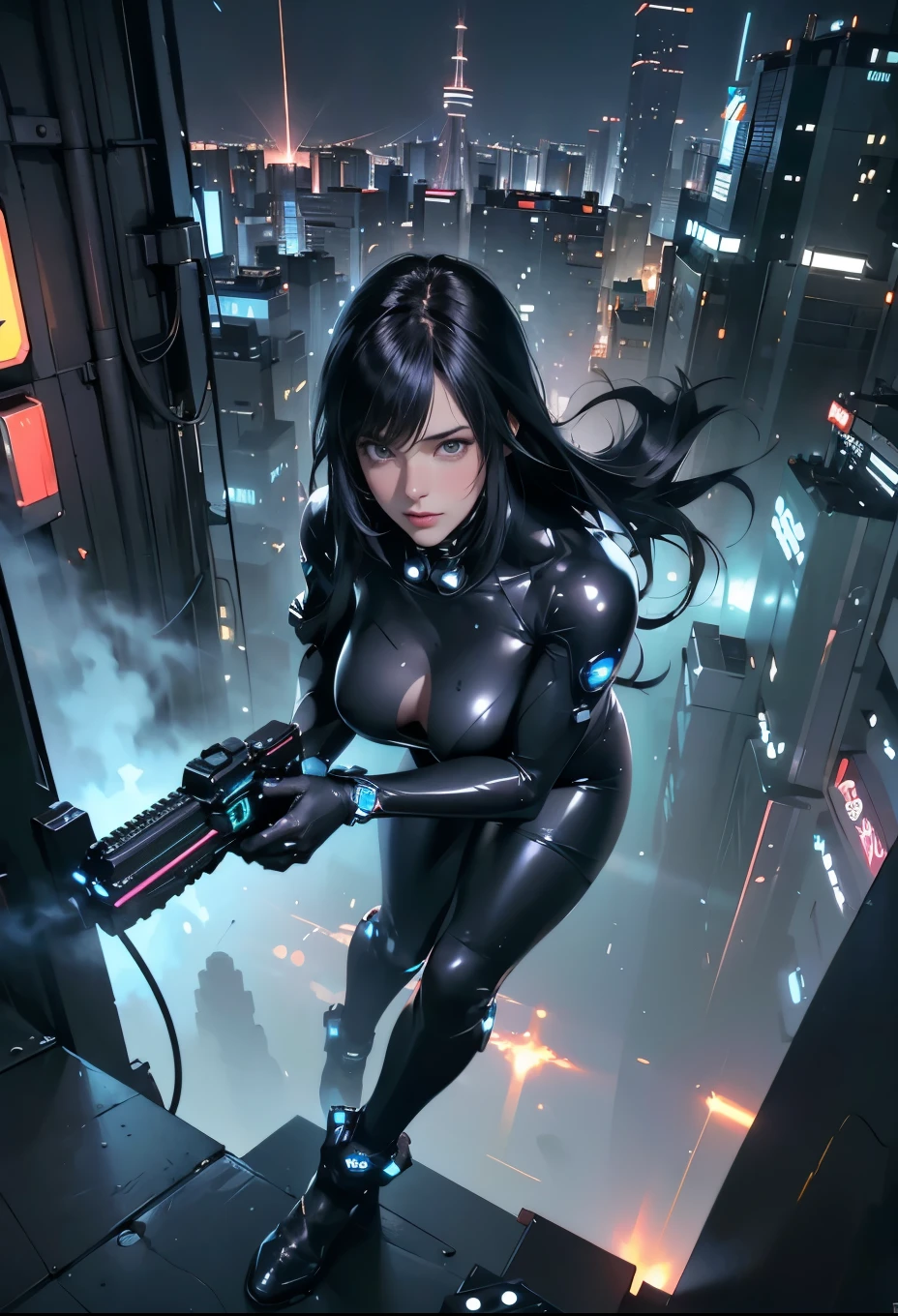 PERFECT MASTERPIECE, EXTREMELY DETAILED CG UNITY 32K UHD QUALITY RESOLUTION WALLPAPER, PHOTOREALISTIC, RAW PHOTO, PERFECT PHOTOGENIC CLARITY, OFFICIAL ART, AWARD-WINNING PORTRAIT, ULTRA HYPER-REALISTIC, ULTRA HYPER-DETAILED, SHINY REALISTIC SKIN, RAY TRACING, UNREAL ENGINE 5.8K, GLOWING AMBIENT LIGHT, The most beautiful and sexy cyberpunk girl, very long black hair, vibrant moonlight eyes, long detailed eyelashes, blushing, full pouting pink lips, curvy body type, full hips, super huge enormously gigantic tits, cleavage showing, gigantic tits bursting out, wearing a futuristic hooded Harajuku-inspired cyberpunk mecha battle armor, (arching her back in a sexy seductive slutty pose:1.3), looking at the viewer, close up pov camera view from behind, sexy seductive slutty facial expression, futuristic cosmic aesthetic atmospheric cyberpunk background
