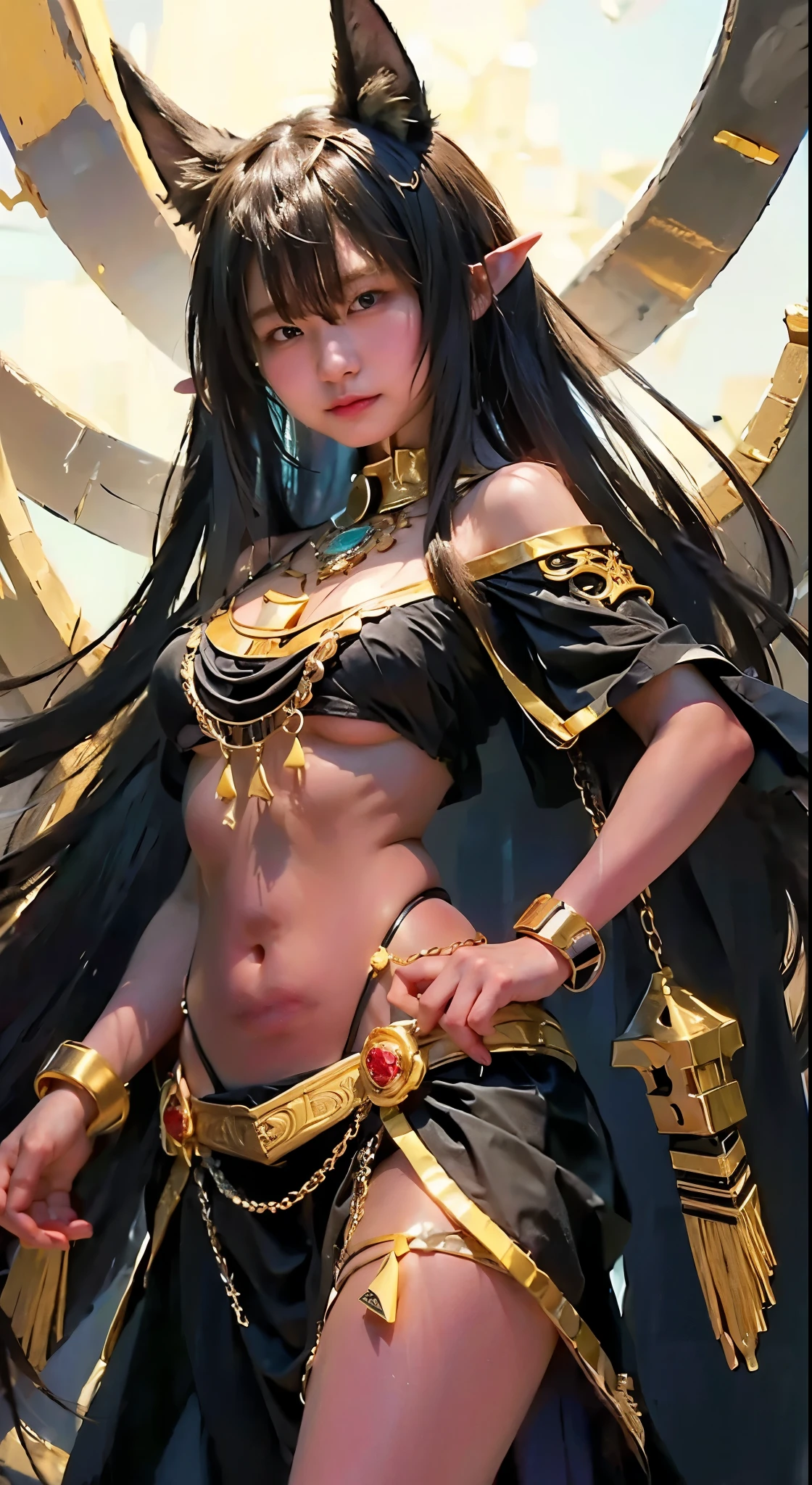 8k hd quality ，A sexy beauty， Skin whitening，Beautiful and touching big eyes，wearing a stylish and bold outfit，Strike seductive poses，fund: The sunset，burning clouds，aerial castle，mirage。in panties, só in panties, korean style