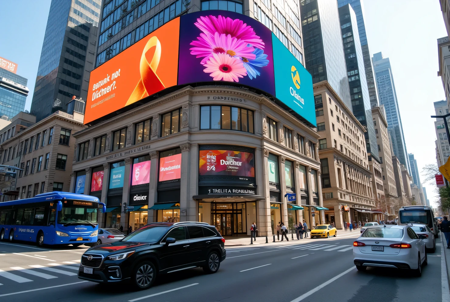 Realistic image with realistic day lighting. Ultra high quality, Ultra resolution.
“A slight busy urban street scene featuring a modern commercial building with large glass windows and decorative stonework. The building is adorned with vibrant digital billboards displaying colorful advertisements, including one with a ribbon symbol and another promoting a product. Above the structure, a large curved digital screen dominates the view, showcasing bright floral imagery and announcements. The foreground highlights a bustling roadway with a sleek black SUV, a white sedan, and a large blue bus, all moving in traffic. The background includes tall city skyscrapers, adding depth to the cityscape. The atmosphere captures the dynamic energy of a thriving metropolitan area, emphasizing modern architecture, vehicles, and vibrant street advertisements.”