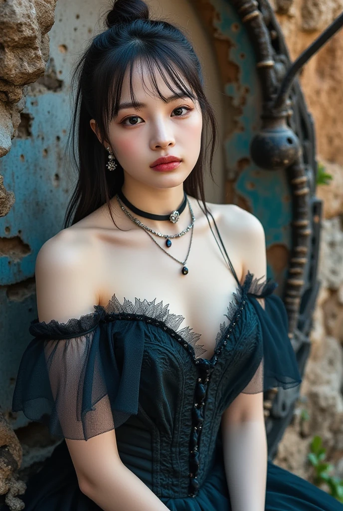 A highly detailed photorealistic image, a close up of a beautiful Japanese woman, long hair with bangs, dreamy gothic girl, gothic make-up, she is a vampire, beautiful face, detailed face, elegant render, full body photo, mistress, photoshop render, a bit bluish cinematic lighting, ebony rococo, elegant girl, female spy, haunting beautiful woman, detailed face, extravagant dress, busty cleavage, very feminine, old run down gothic cemetery in the background, dark atmosphere, ambient dust,