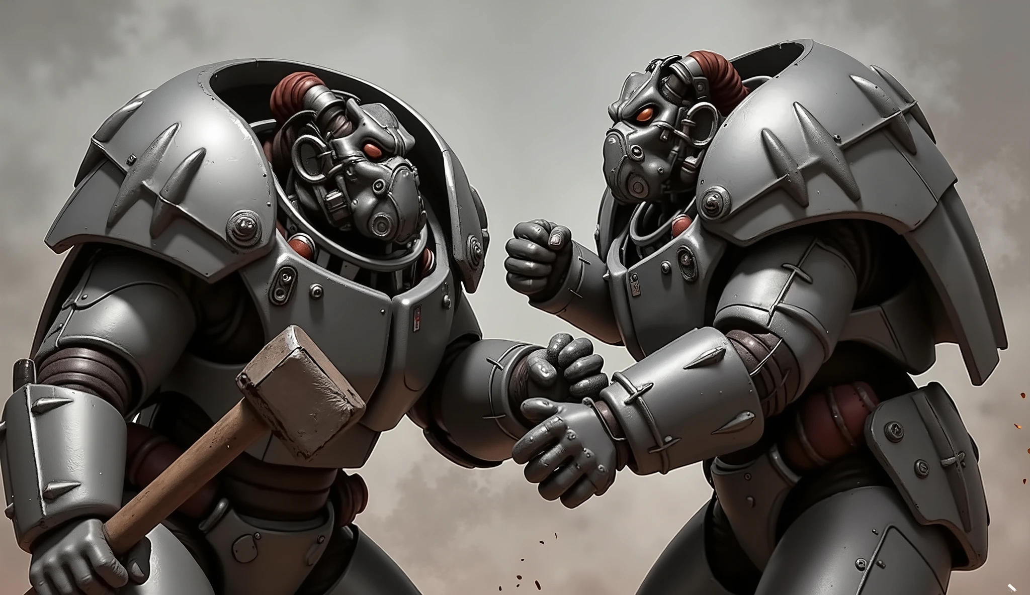 Fallout setting, fighting, realism, similar to the Fallout game, hide face,one-armed X-01 figter from the Fallout universe fighting with fists against a fighter with a hammer in X-01 armor from the Fallout universe,