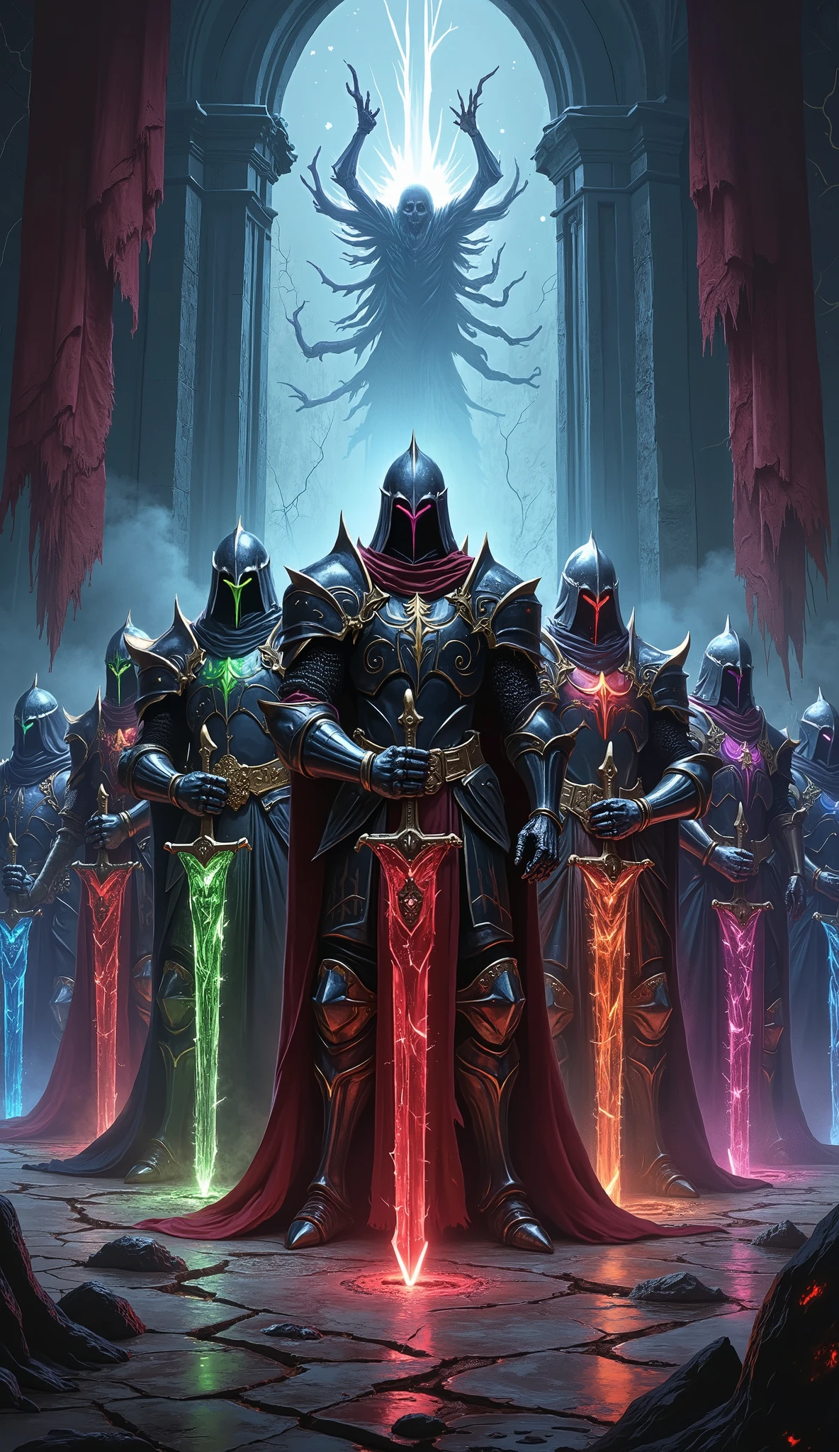 Seven knight leaders stand in a shadowy hall, their factions’ banners hanging torn behind them. Each leader grips their faction’s shard, glowing with unique energy (starlight, shadow, dragonfire, etc.). But hidden in their armor—subtle, sinister details: a Starforged knight’s gauntlet oozing black ichor, a Verdantguard’s vines strangling their own shield, a Soulbinder’s spectral face screaming silently. Dim light, cracked mirrors reflecting their secrets, and Valenor’s ghostly eyes watching from the shadows.