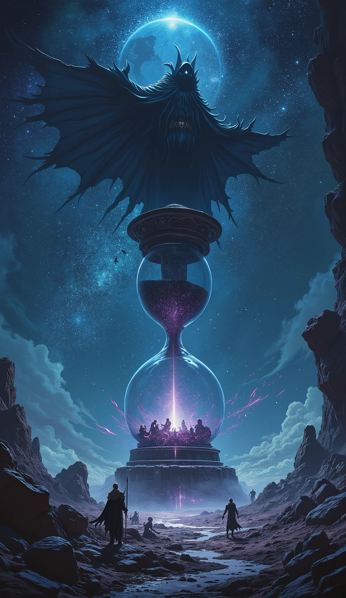 A colossal hourglass in a starry void, its top half filled with black sand (the Void King’s influence) and the bottom with glowing shards. The sand pours faster, burying the shards. The Void King’s shadow looms over the glass, while faint silhouettes of knights and Valenor struggle to tip the hourglass.