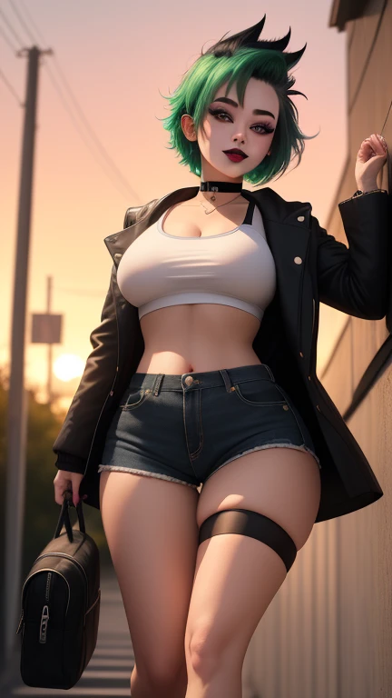 Resolution, imagination, (Photorealistic), daytime, Sunlight coming in from behind, beautiful light, (1Girl:1.4), (HDR:1.5), Cute belly fat+++, intriciate detail, 1 belly button, Mesugaki face, Sagging middle chest, (Green Eyes:1.3), (Green short hair:1.5), Black sleeveless, Black cropped t-shirt , wristband, Tight-fitting jeans, Very short jeans, Denim shorts, the street, city centre, building, Leaning against the wall,  (black & Blue Street Jacket)