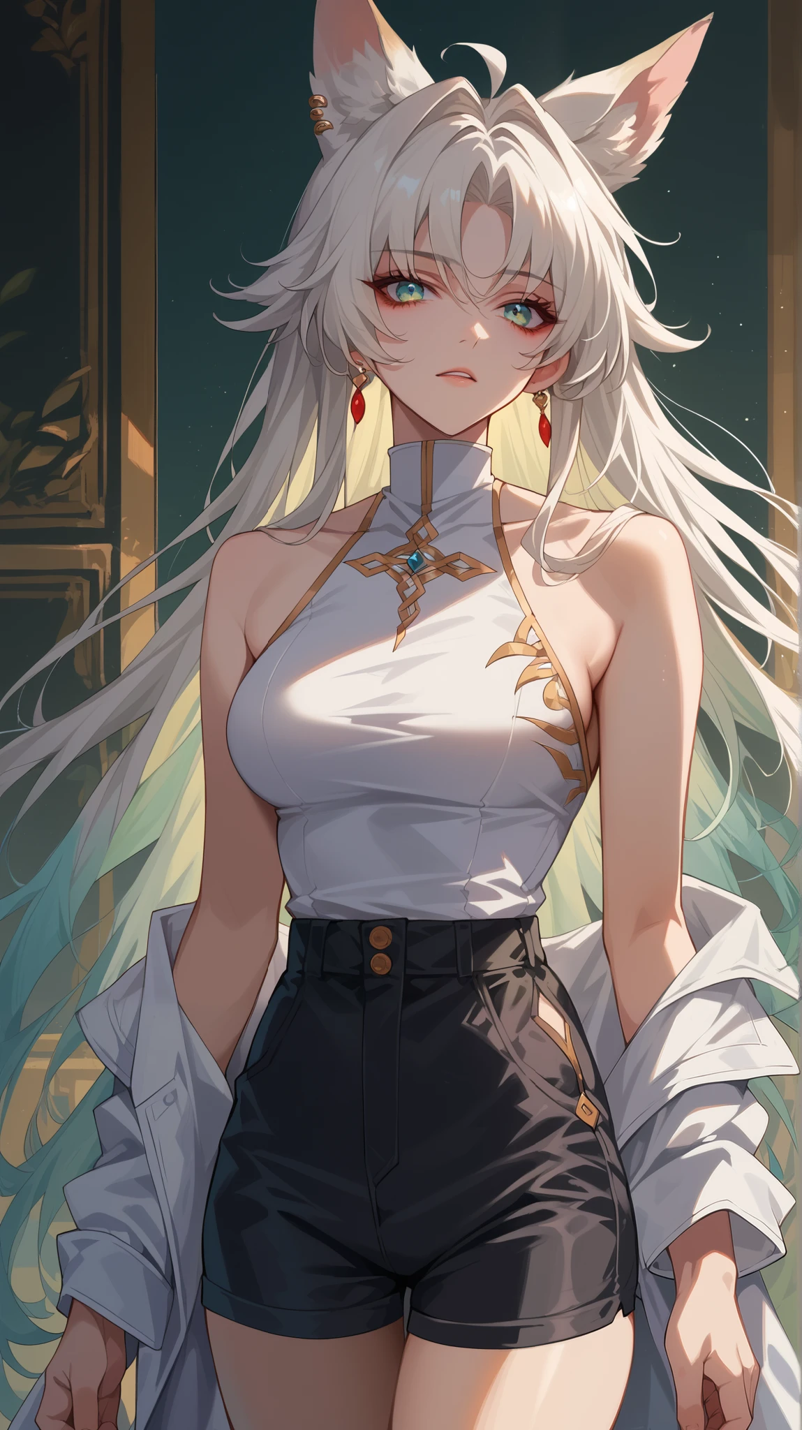 Feixiao style, perfect eyes, perfectly sexy face, ultra detailed, ultra perfect eyes, big beautiful woman , standing, Body, animal ears, long hair, rabo de cavalo, multicolored hair , white hair, mark on the head, ear piercing, black shorts, looking at the spectator ,