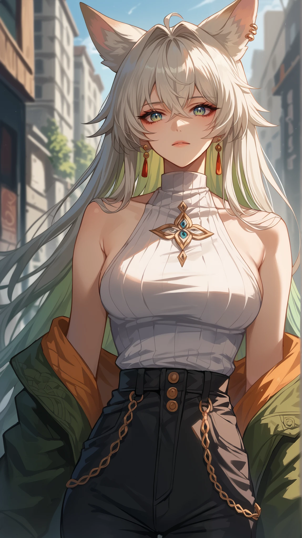 Feixiao style, perfect eyes, perfectly sexy face, ultra detailed, ultra perfect eyes, big beautiful woman , standing, Body, animal ears, long hair, rabo de cavalo, multicolored hair , white hair, mark on the head, ear piercing, black shorts, looking at the spectator ,