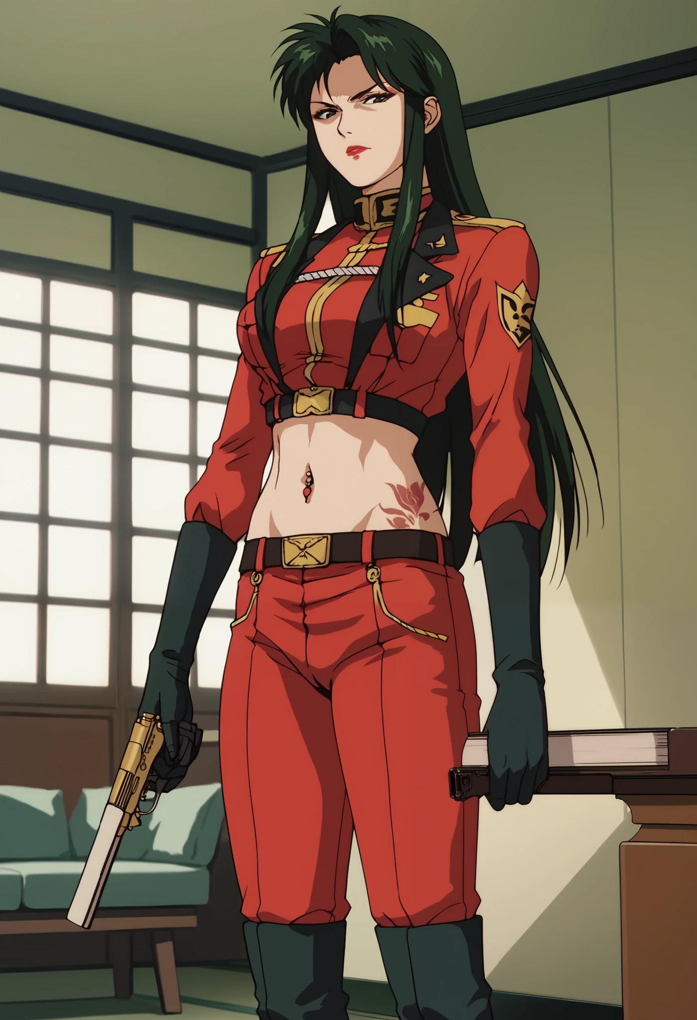 score_9, score_8_up, score_7_up, score_6_up, anime screencap, anime coloring, CimaGarahau, long hair, green hair, lipstick, black eyes,
military uniform, black gloves, belt, red skirt, black boots,
hand fan, serious, looking at viewer,
indoors,navel , exposed belly, exposed navel, (nsfw) not safe for work, hold a gun,holding pistol,, dragon tattoo, narrowed eyes, tattoo midriff, navel piercing, pussy,