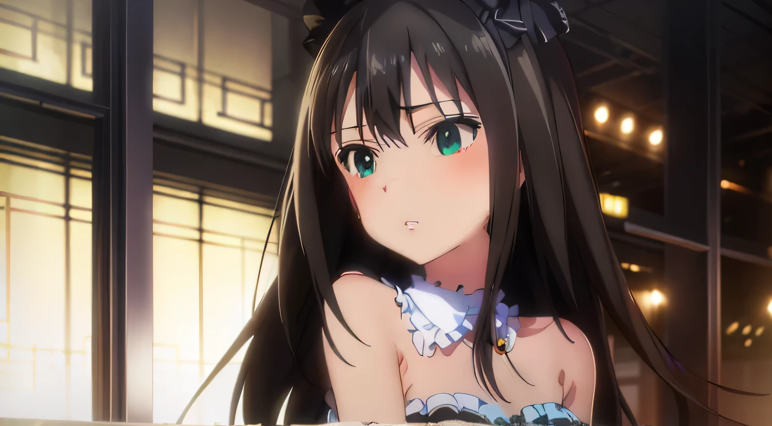  (High resolution:1.4), (masutepiece:1.2), (High quality:1.3) 1girl, saten ruiko, green eyes, long hair, black hair, small breast, gothic lolita fashion,  cinematic lighting,  pov, grin, A medieval mansion, dynamic angle, nsfw