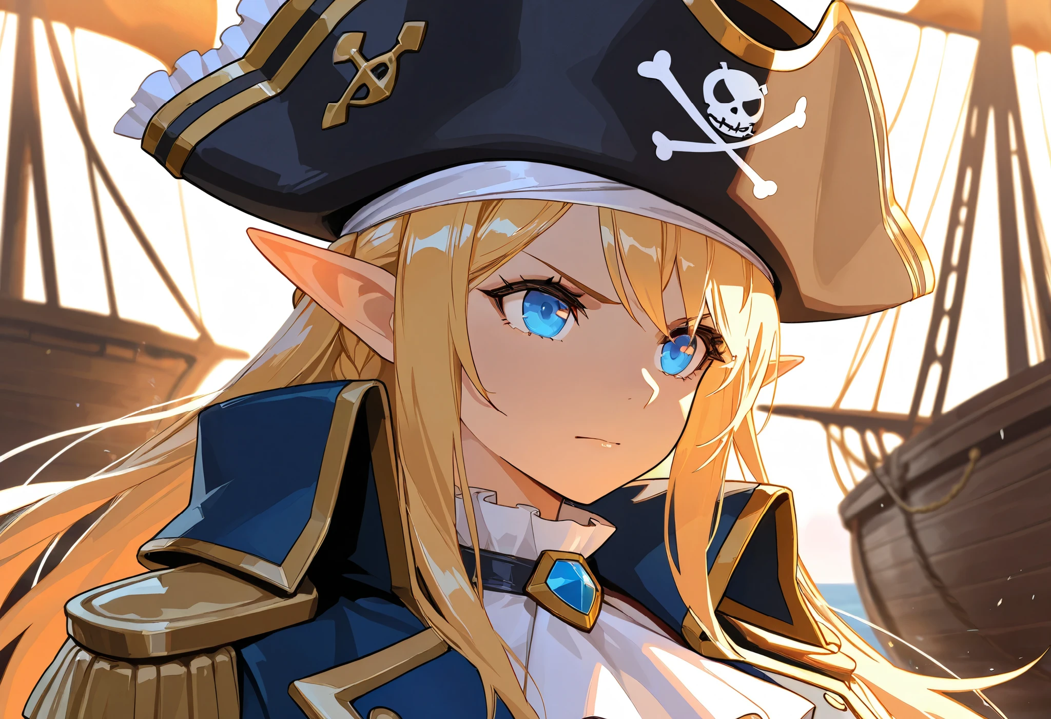 cinematic lighting, UHD, ((masterpiece)), super detail, (detailed eyes, detailed face), high quality, highres, high details, Pirate, Captain, blonde Hair, blue eyes, Elf, On the pirate ship, Covered in wounds, (Raise her saber and encourage her allies), girl