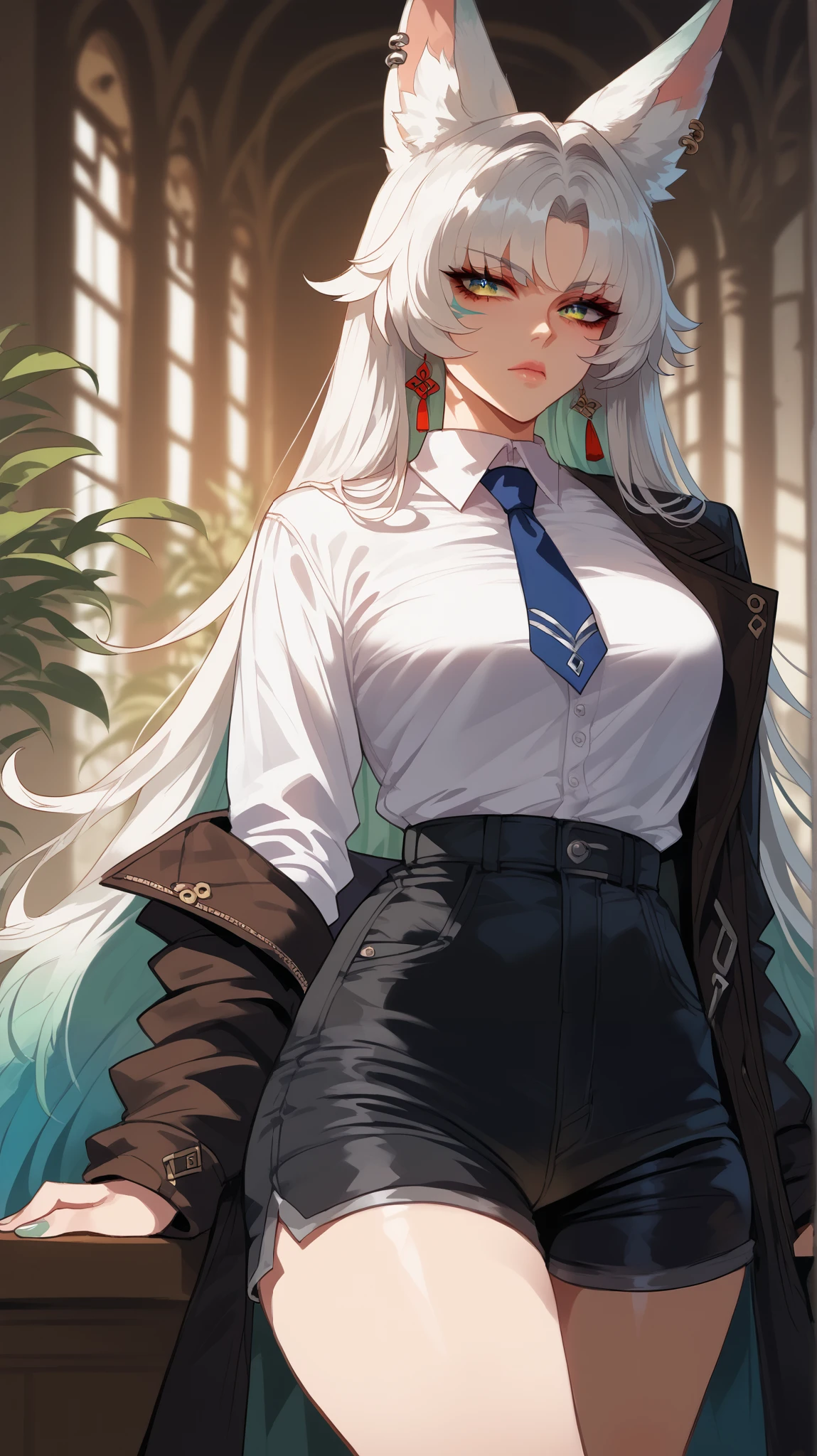 Feixiao style, perfect eyes, perfectly sexy face, ultra detailed, ultra perfect eyes, big beautiful woman , standing, Body, sitting, animal ears, long hair, rabo de cavalo, multicolored hair , white hair, mark on the head, ear piercing, black shorts, looking at the spectator ,