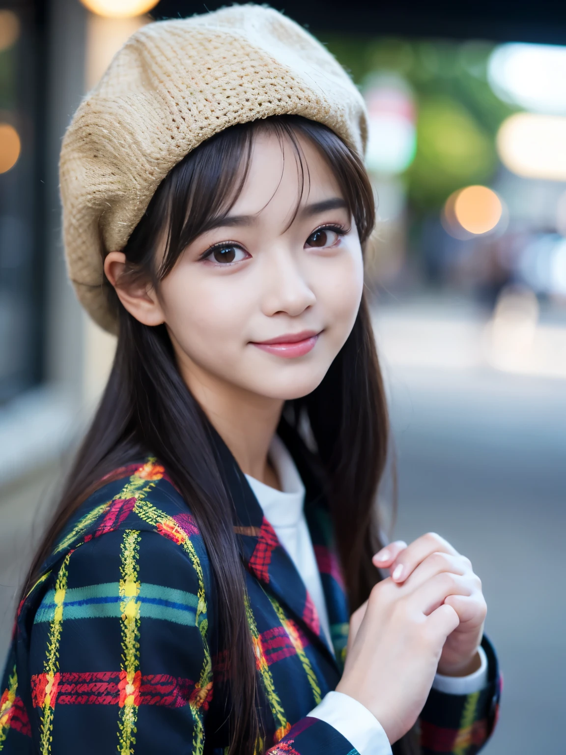 masterpiece,best quality,(Japanese ),((Beautiful girl)),cleavage,(perfect body beauty:1.2),(shy smile),beautiful teeth,(hat),(Shibuya scramble crossing),
