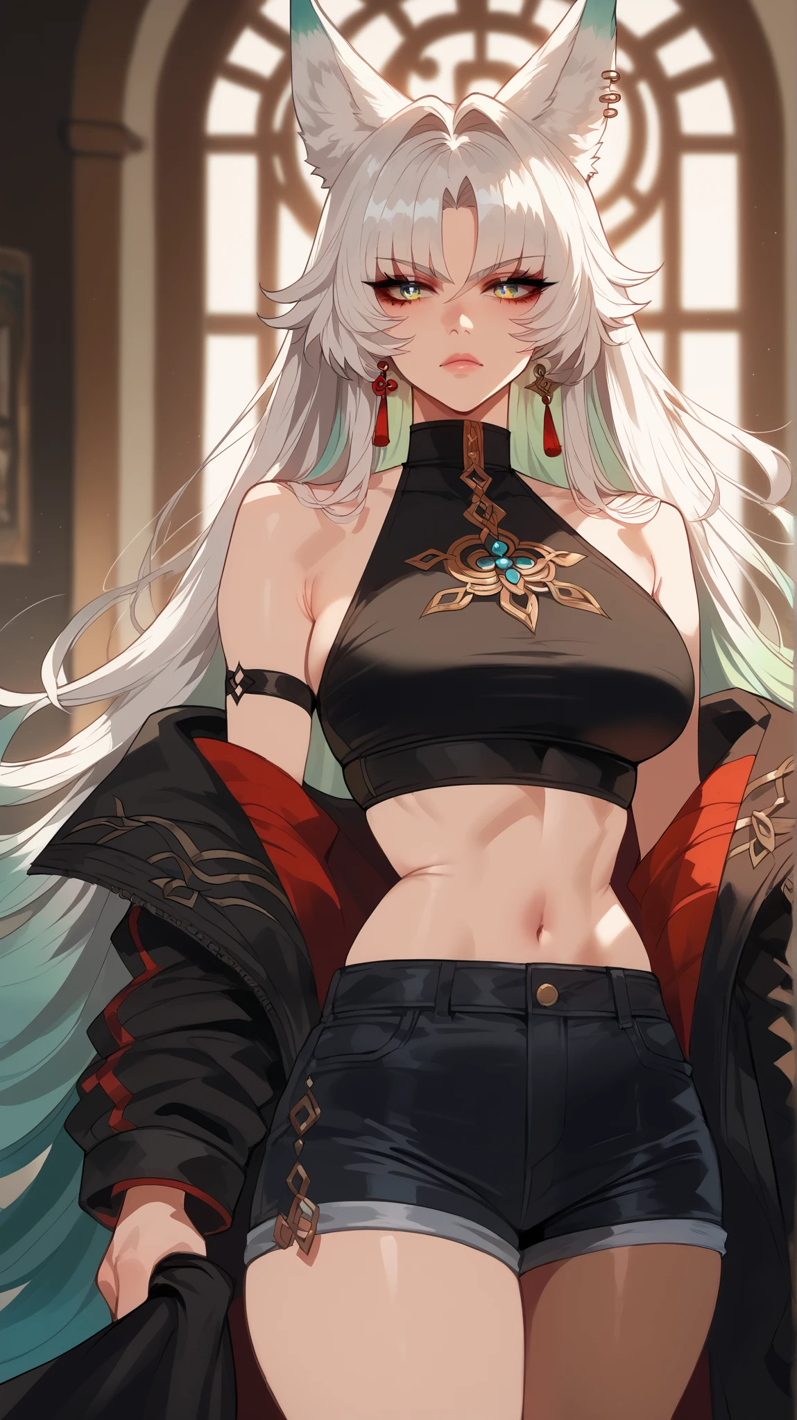 Feixiao style, perfect eyes, perfectly sexy face, ultra detailed, ultra perfect eyes, big beautiful woman , standing, Body, standing, animal ears, long hair, rabo de cavalo, multicolored hair , white hair, mark on the head, ear piercing, black shorts, looking at the spectator ,