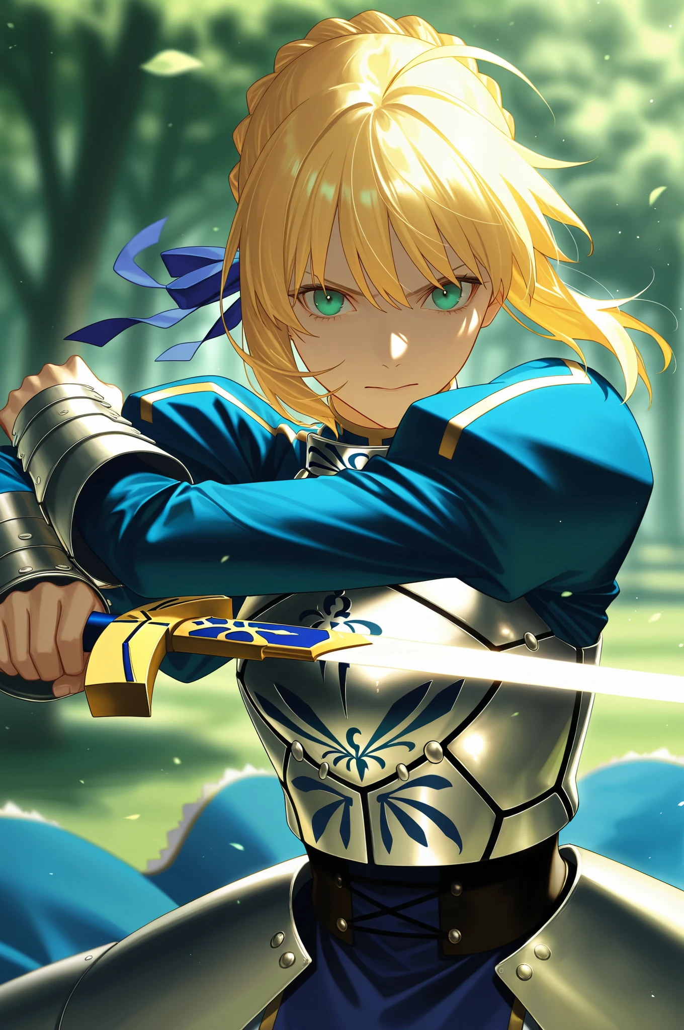 masterpiece, best quality, 2.5D, realistic, ,weapon, holding sword, 1girl, saber, fate_(series), 1girl, blonde_hair, green_eyes, tied hair