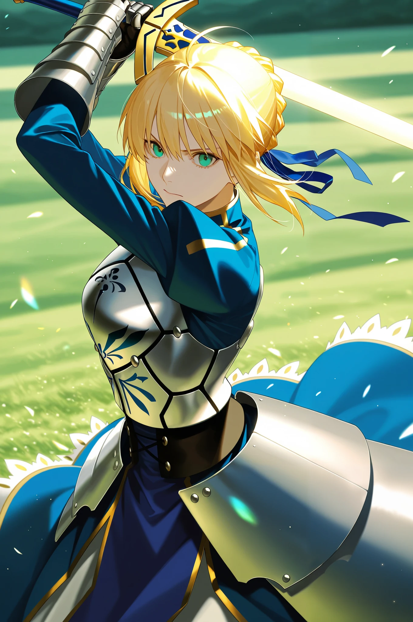 masterpiece, best quality, 2.5D, realistic, ,weapon, holding sword, 1girl, saber, fate_(series), 1girl, blonde_hair, green_eyes, tied hair