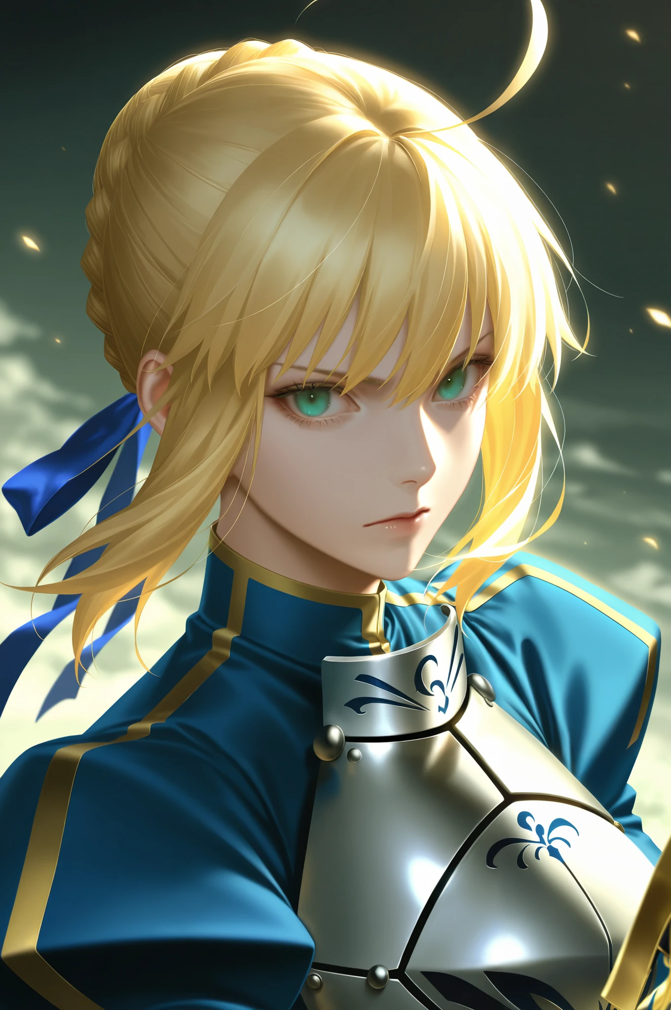 masterpiece, best quality, 2.5D, realistic, ,weapon, holding sword, 1girl, saber, fate_(series), 1girl, blonde_hair, green_eyes, tied hair