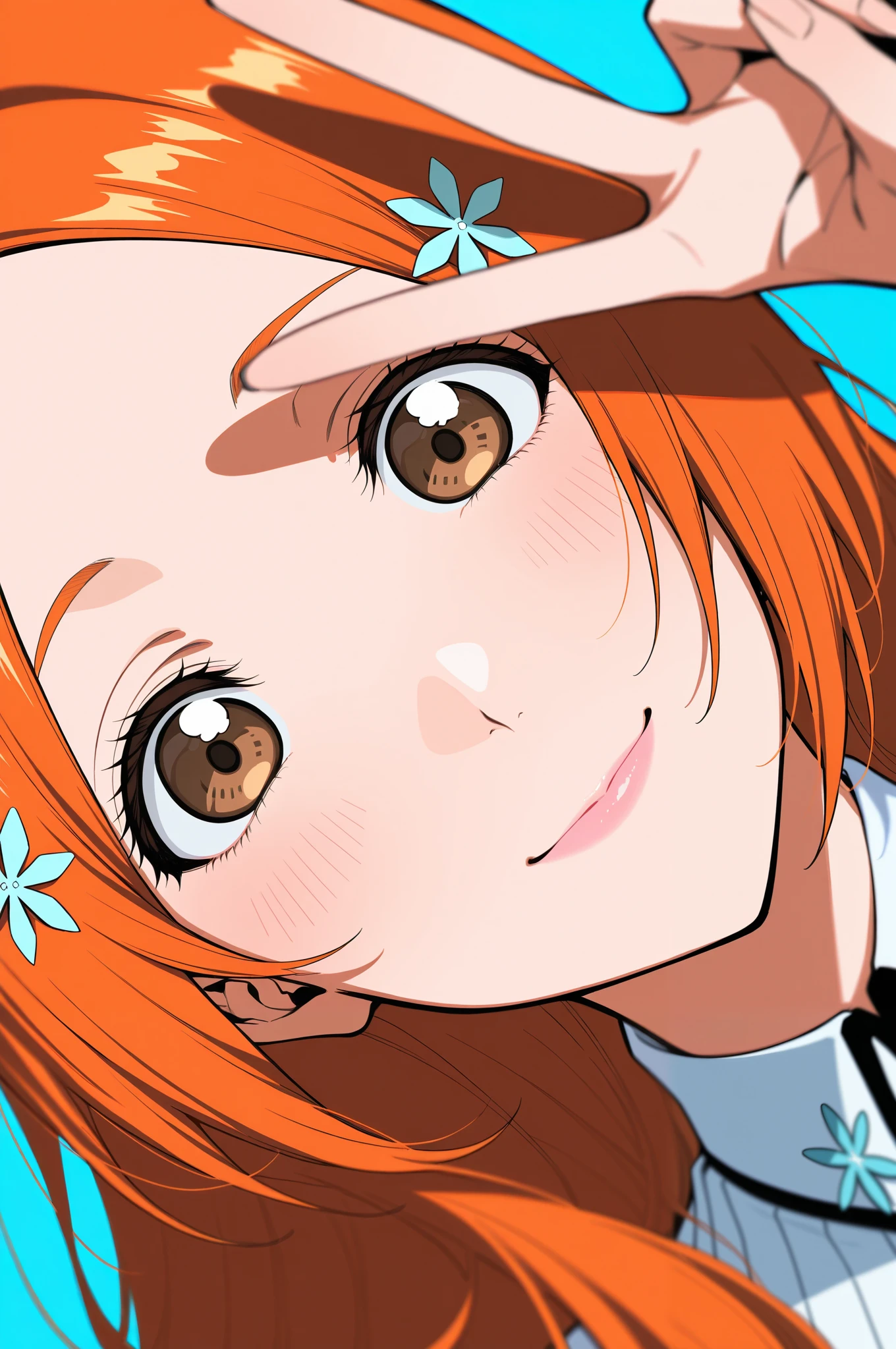 masterpiece, best quality, amazing quality, very aesthetic, absurdres, newest,highly detailed,highres,close-up portrait, female, woman, inoue orihime,hair clip,orange hair,long hair,brown eyes,fair skin,Shiny skin,pink lips,white collared shirt,simple background,blue background,v sign,one hand,heart,depth of field,slight smile,looking at viewer,from the side,clean lines,smooth lines,sharp,