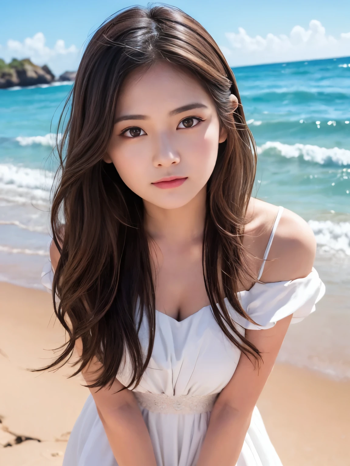 Ultra-fine photography, very cute and beautiful girl , very detailed beautiful face and dark eyes, Watch viewers, beautiful long hair , Alone, dynamic angle , beautiful dress, full body on top, the background of the sandy beach is the ocean , super detailed face , detailed eyes , double eyelids, natural eyes and mouth