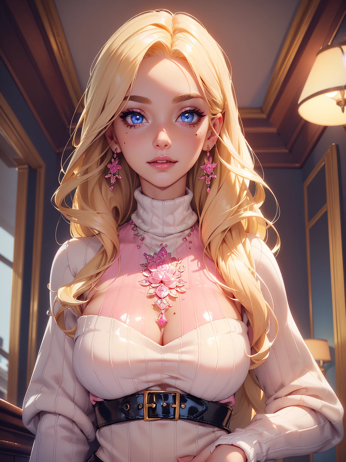 (((Blonde stunning hair))), (blue eyes), blue necklace, Golden earrings, Fit, Gorgeous Body, gorgeous, brown eyebrows, (two moles over lip), big pupils, (23 years old), 1girl,solo, complex skin, warm light, (large breasts), wide thighs, round butt, 5 fingers, ((blushing)), ((detailed face, best quality)), ((masterpiece)), ((ultra-detailed)), (beautiful detailed eyes), red lip, eyeshadow, beautiful face, long hair, very detailed eyes, intricate details in eyes, perfect lips, good lighting, ((pink turtleneck sweater wearing, garter belt wearing)), in pink office room, workplace background, evil smile, cleavage, from below, ((full body:1.3))